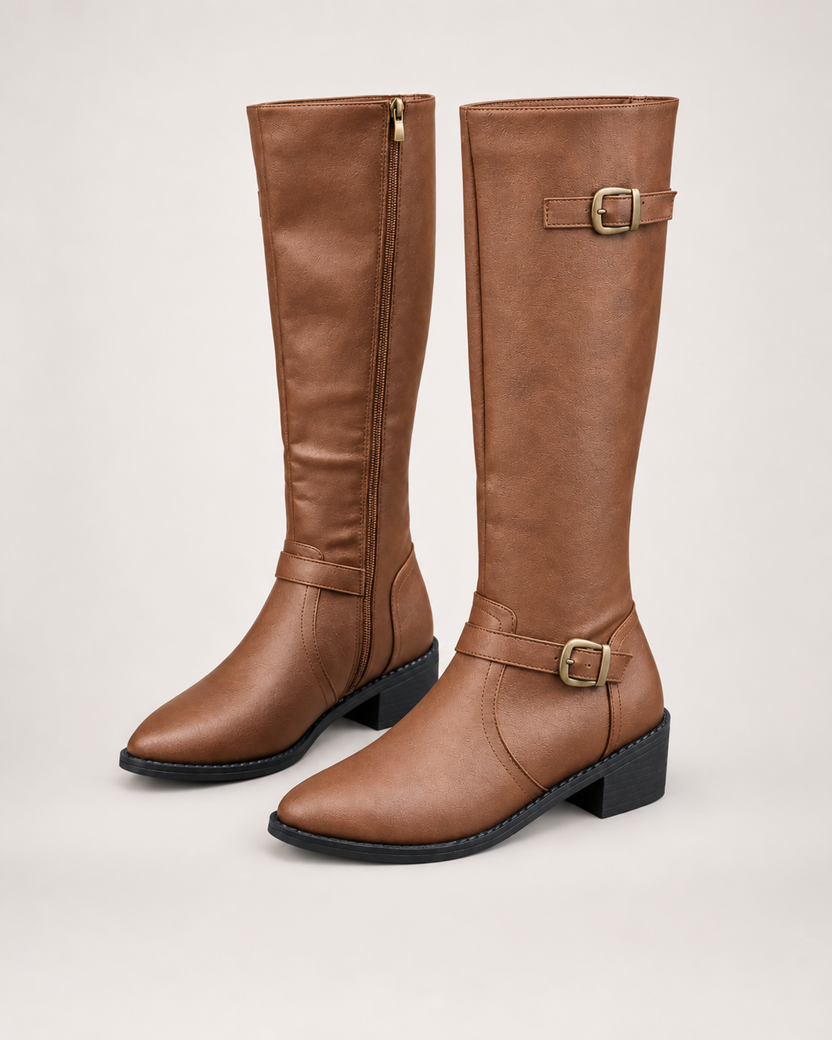 Women’s Knee High Boots with Riding Shape and Buckle Detail in Light Brown, product only pair front three quarter view