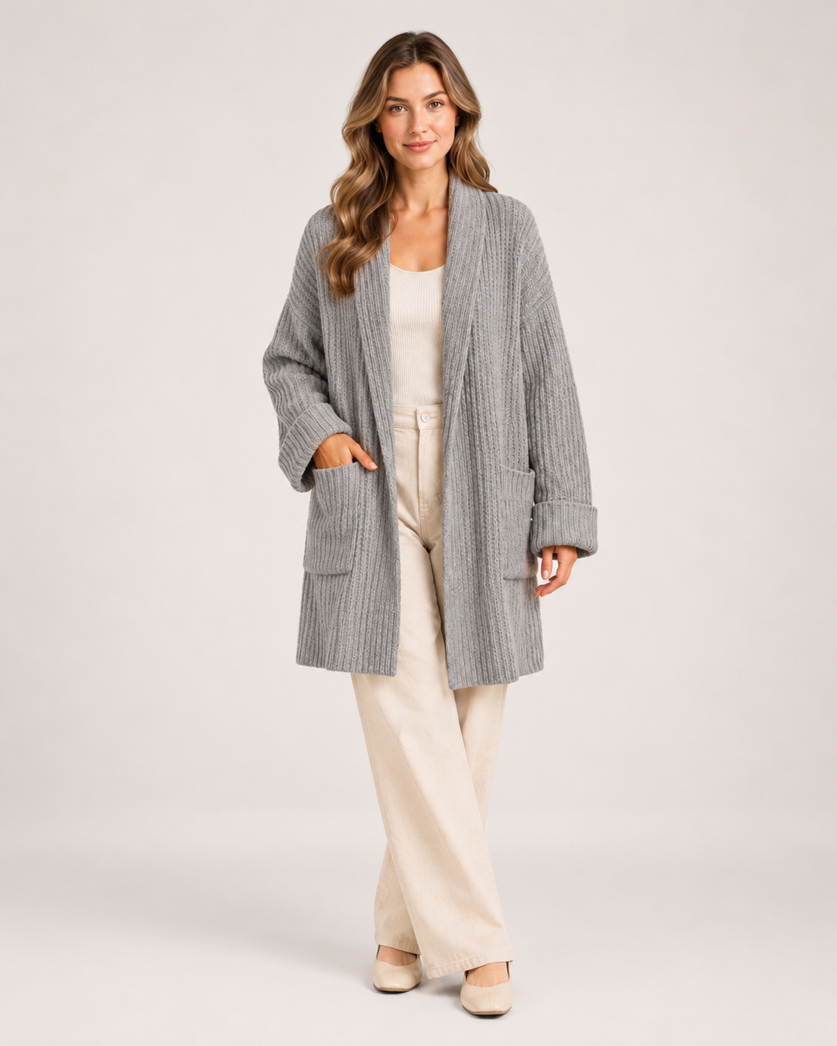 Women's Longline Knitted Cardigan light grey close variant view