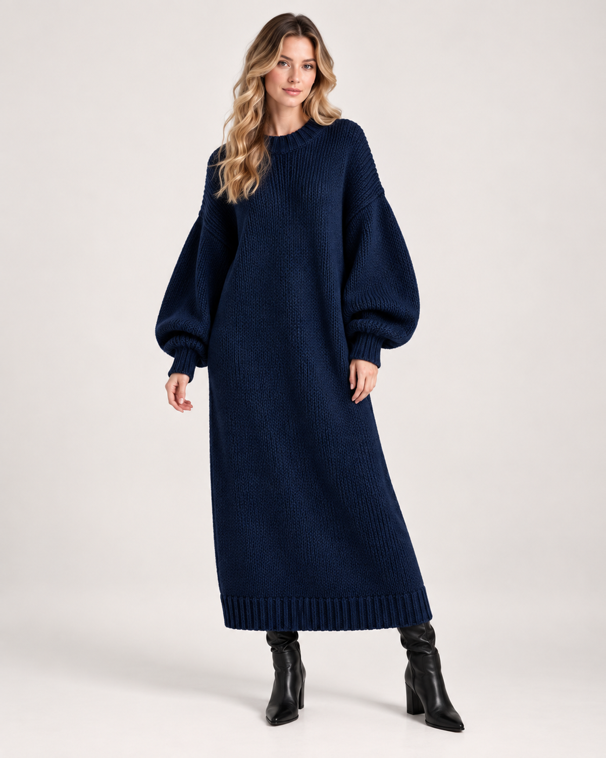 Women’s Knitted Maxi Dress with Balloon Sleeves in Navy Blue, full body view