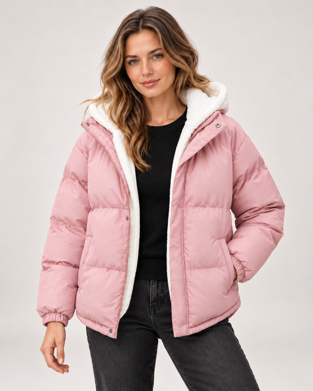 Women's Hooded Puffer Jacket with Teddy Fleece Lining pink close variant view
