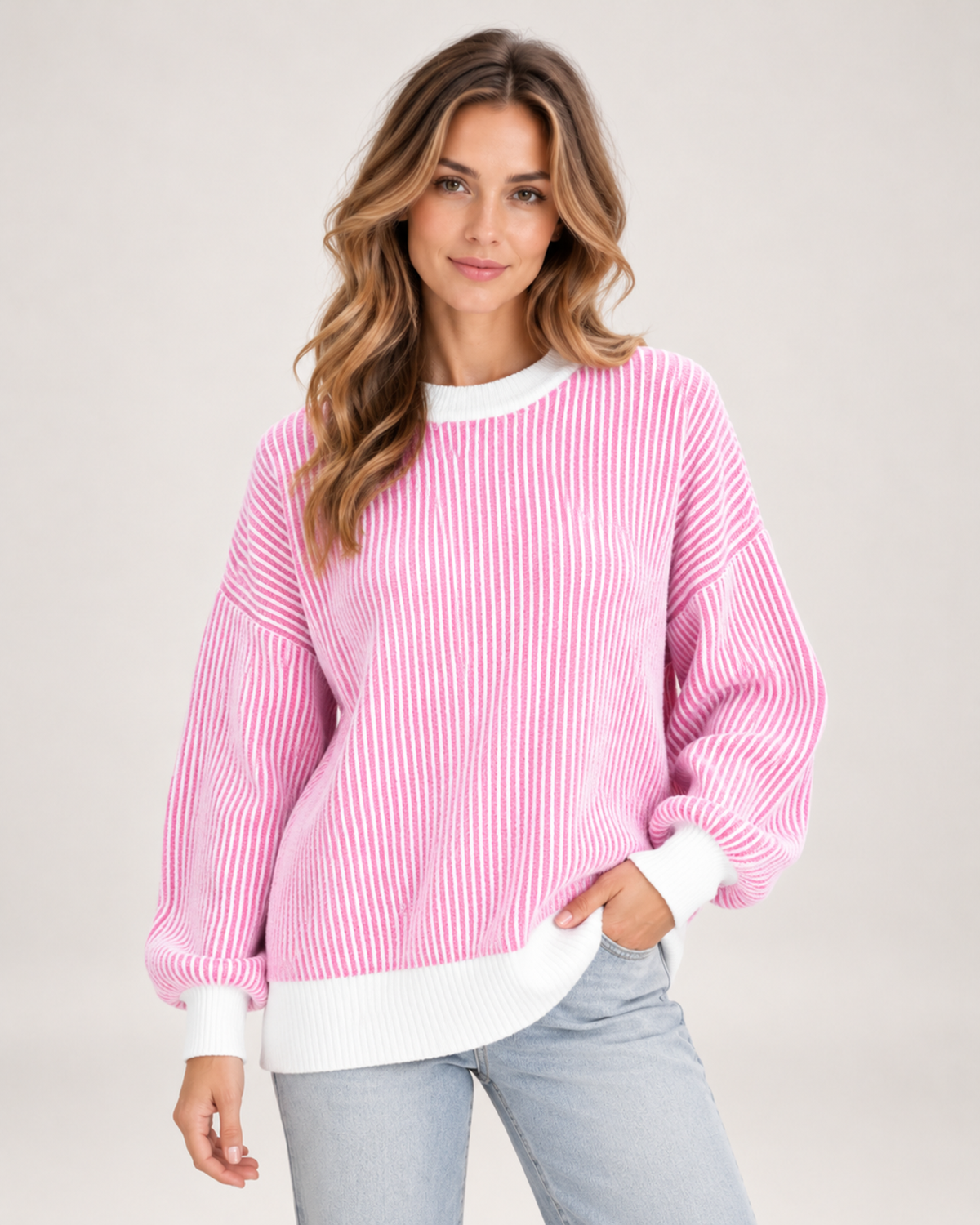 Women's Striped Jumper with Contrast Trim pink close variant view