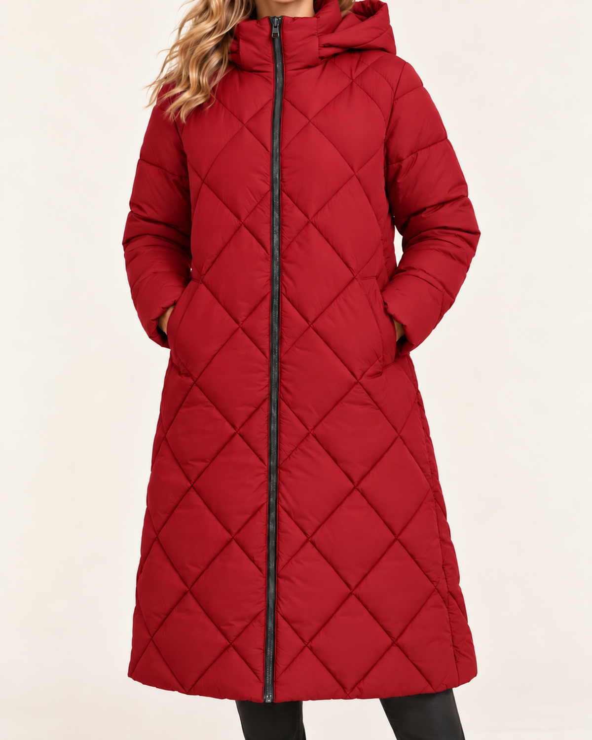 Women's red long diamond quilted puffer jacket close variant view