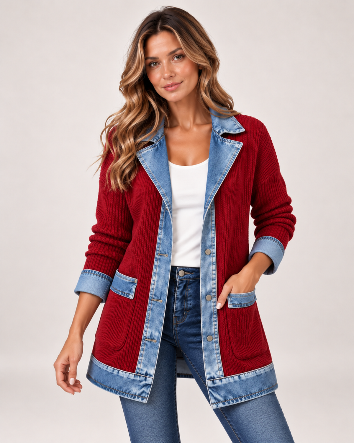 Women's Coatigan with Denim Collar and Button Front red close variant view