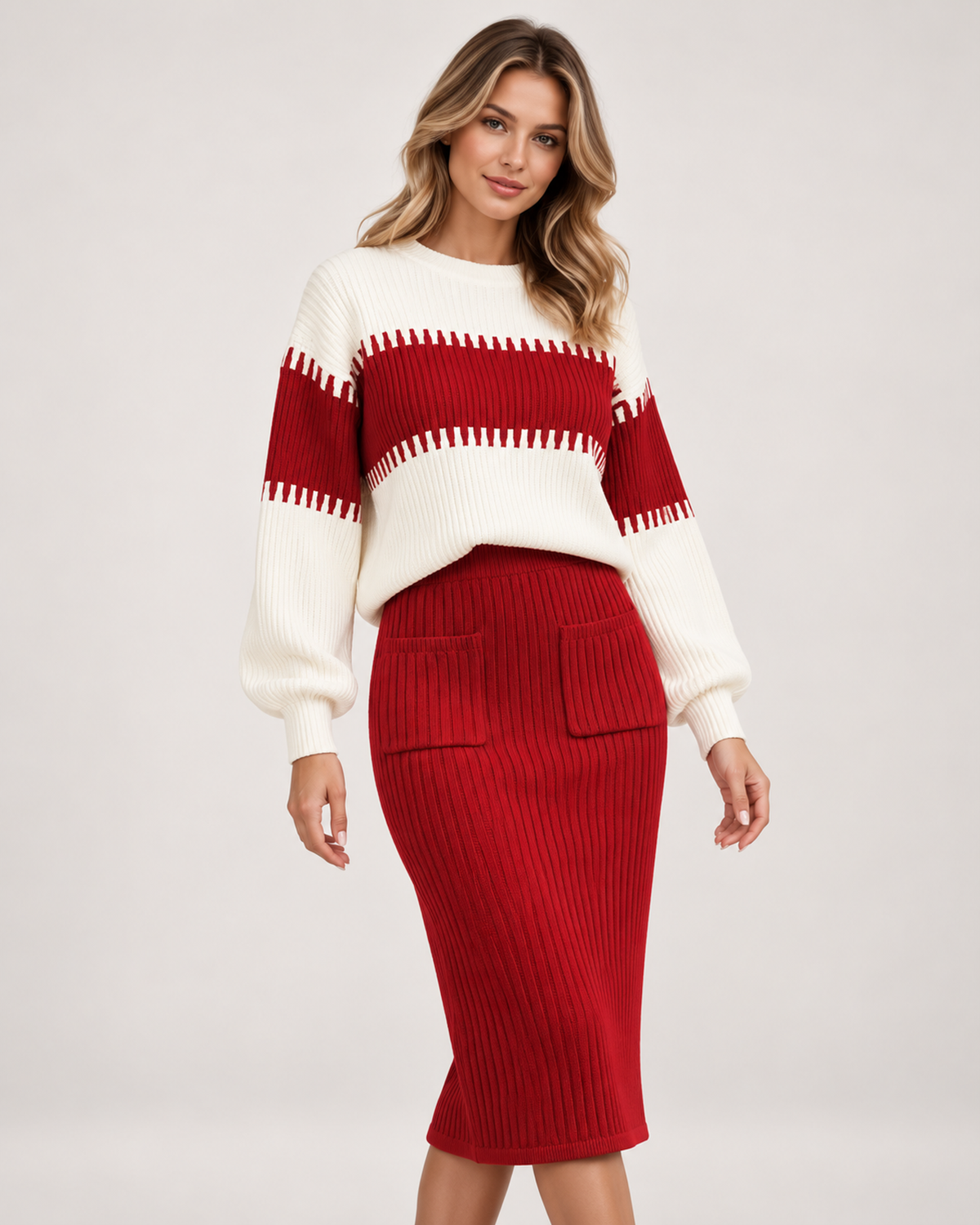 Women's Knitted Co-Ord Set with Colour-Block Jumper and Midi Skirt red close variant view