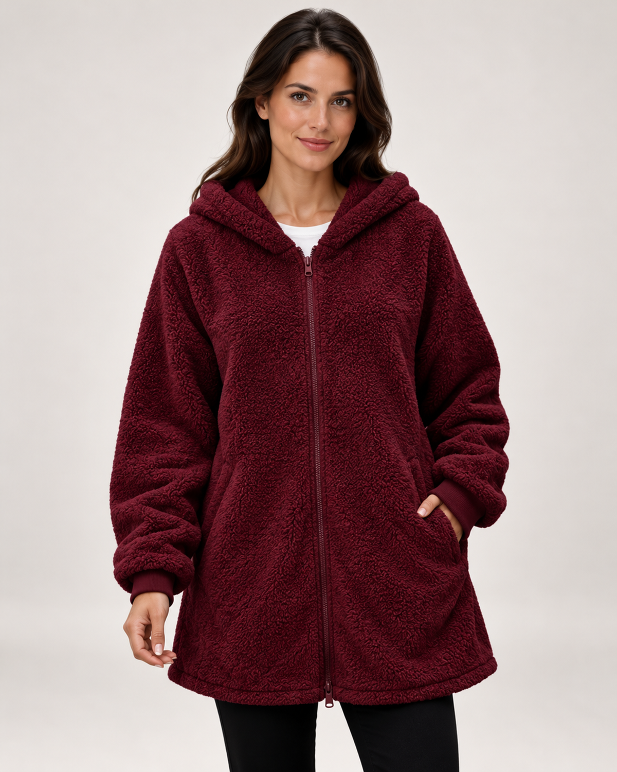 Women's red fleece hooded jacket close variant view