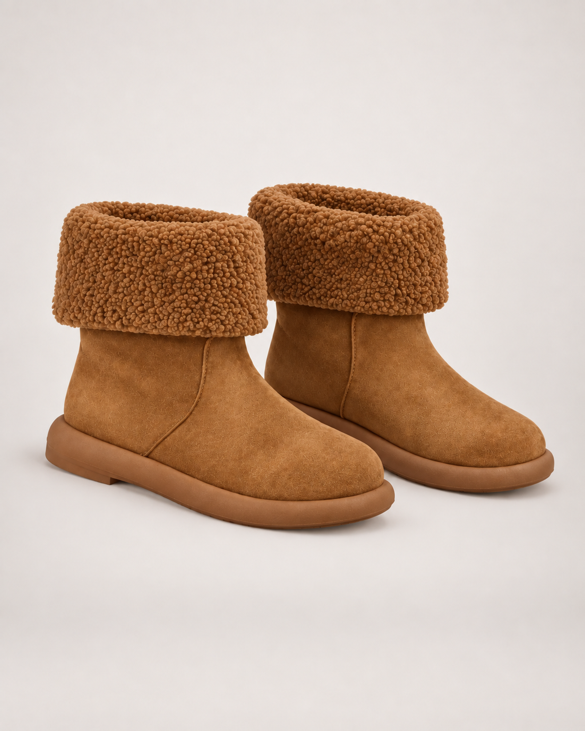 Women’s Mid Calf Boots with Fold-Down Fluffy Cuff in Tan, product only pair front three quarter view