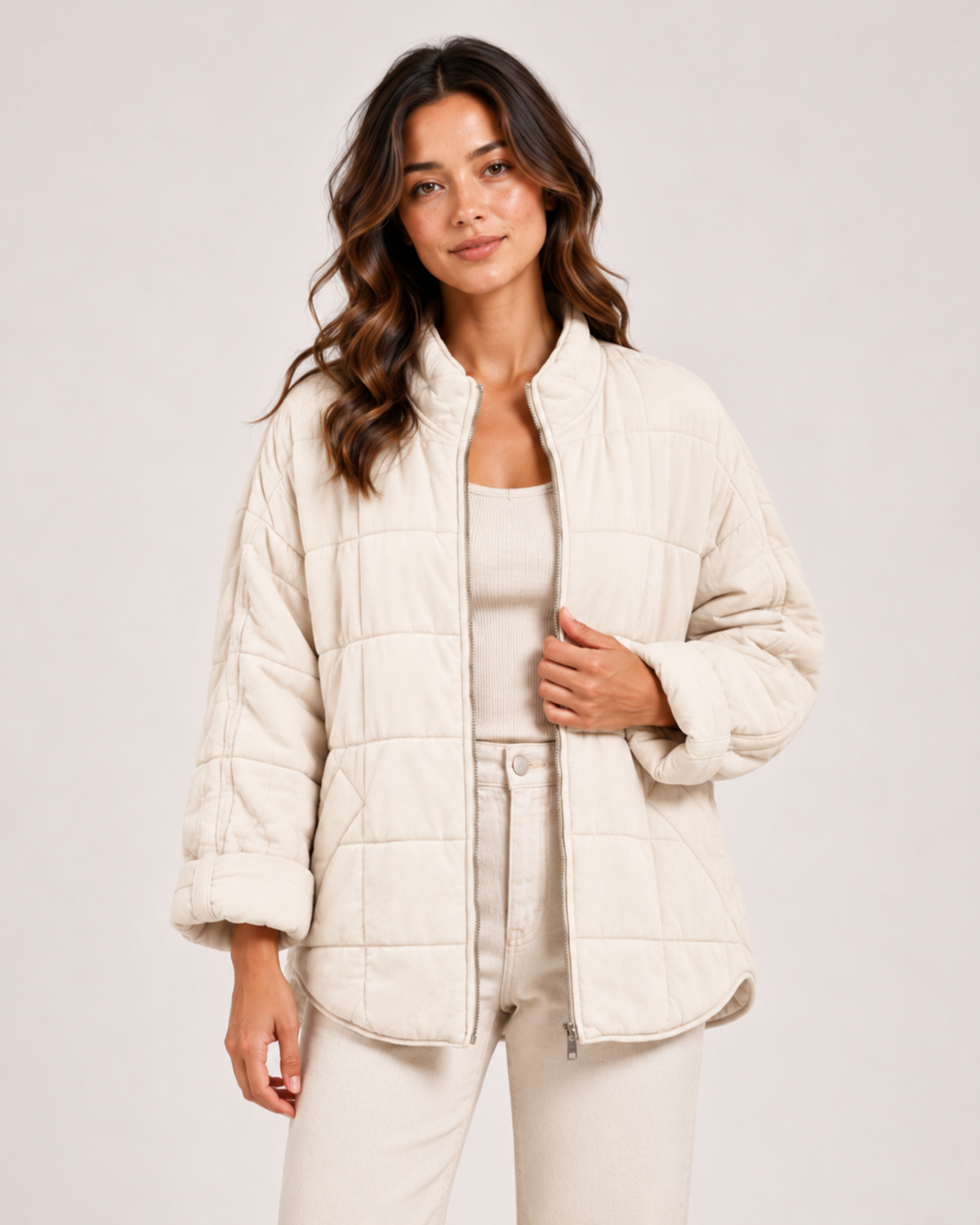 Women's beige quilted zip up jacket