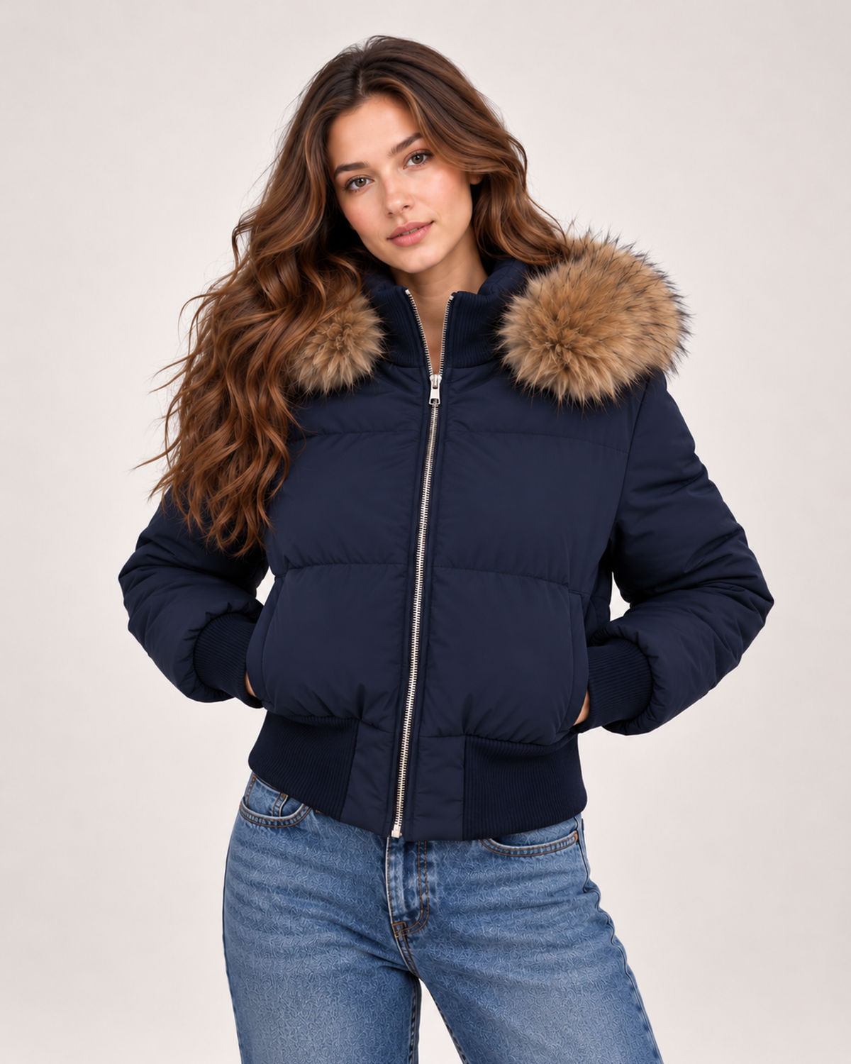 Women's blue cropped puffer jacket with faux fur hood trim