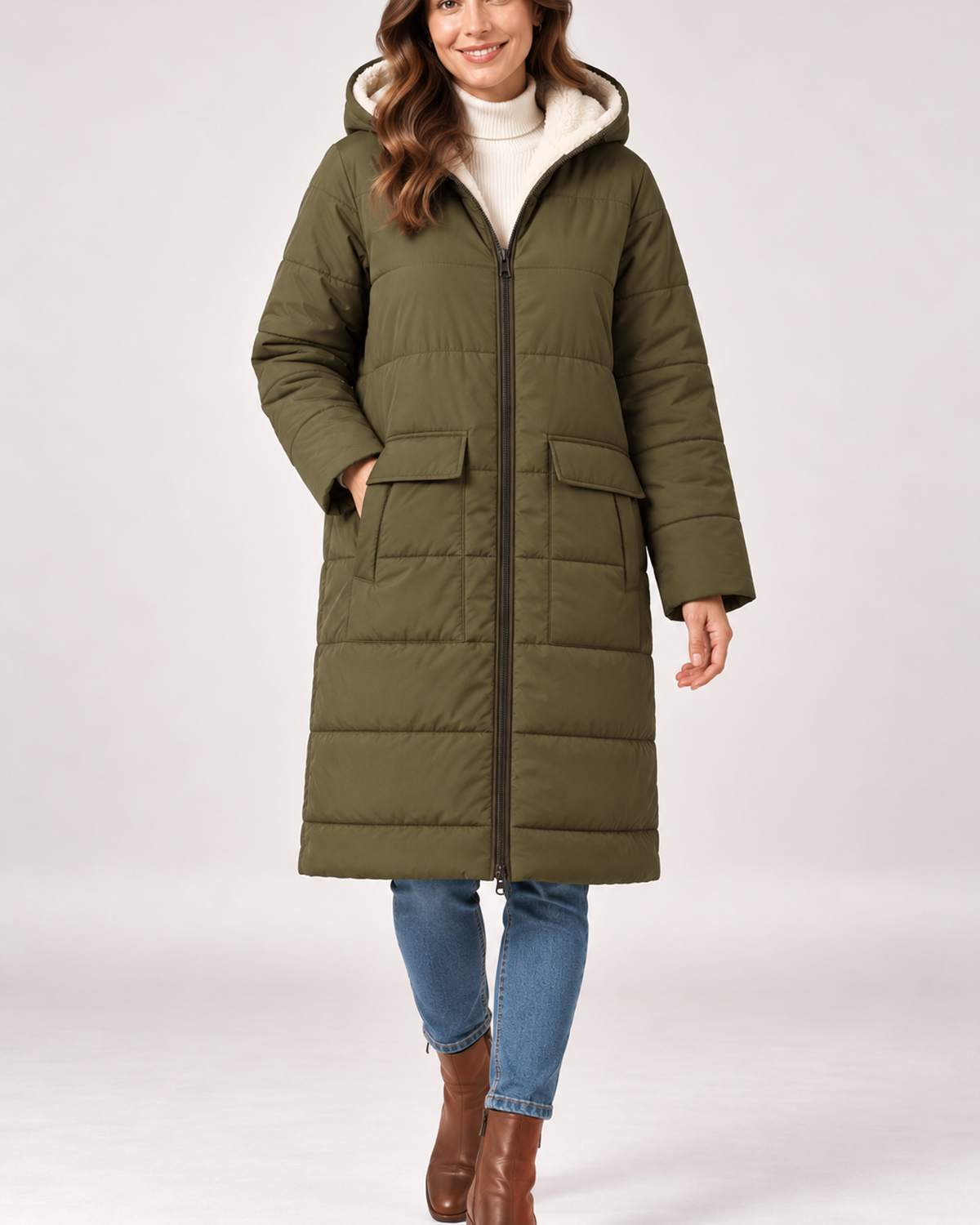 Women's long hooded puffer coat in green