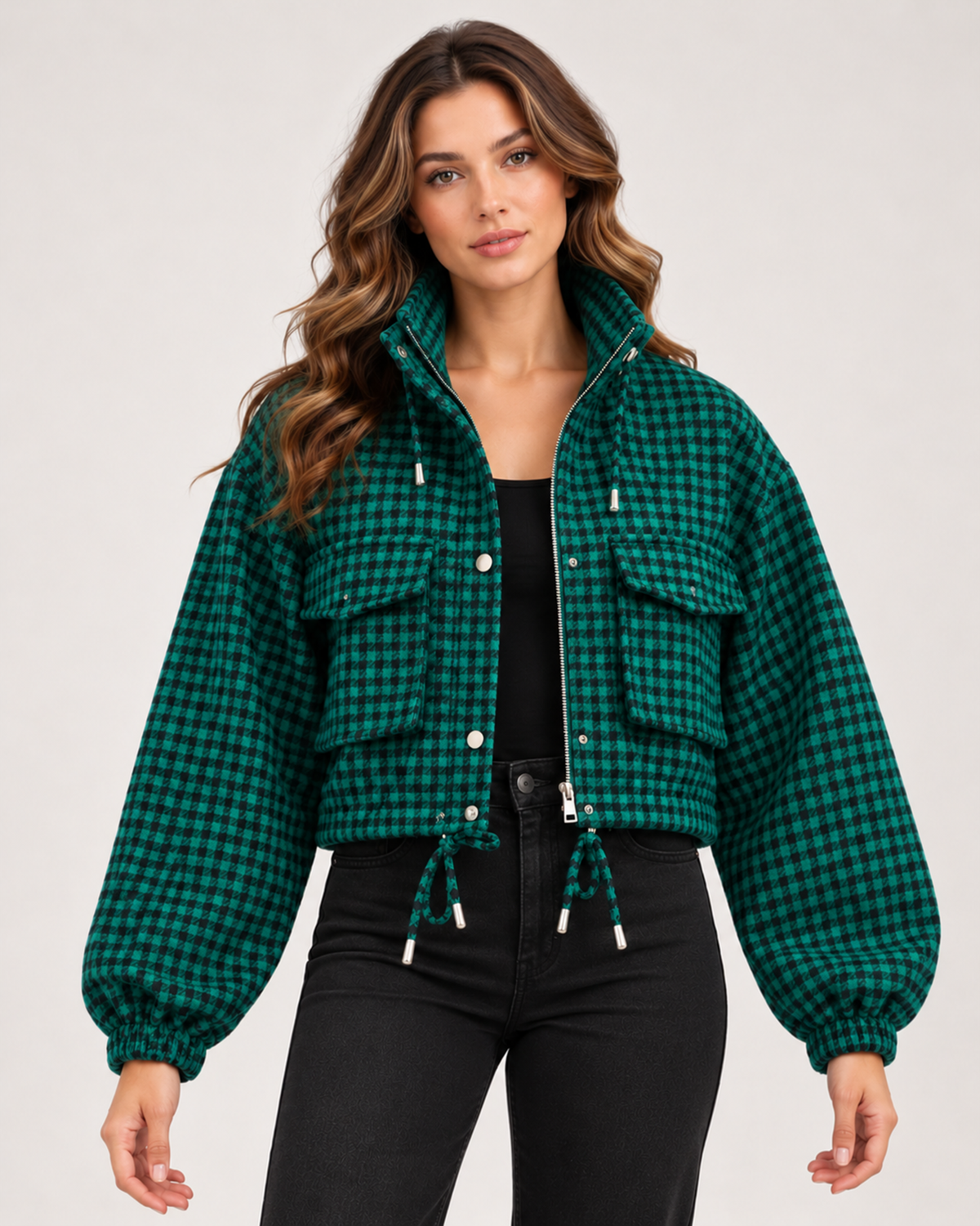 Women's green checked cropped jacket