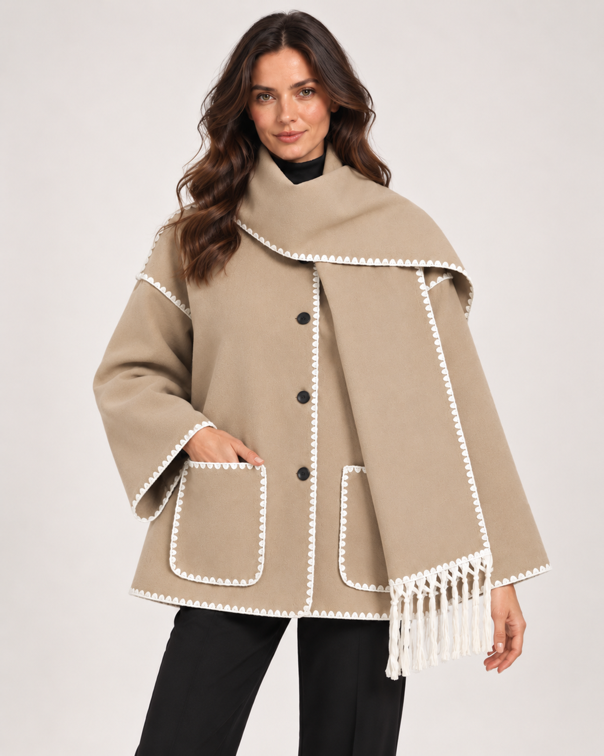 Women's khaki cape coat with scarf collar