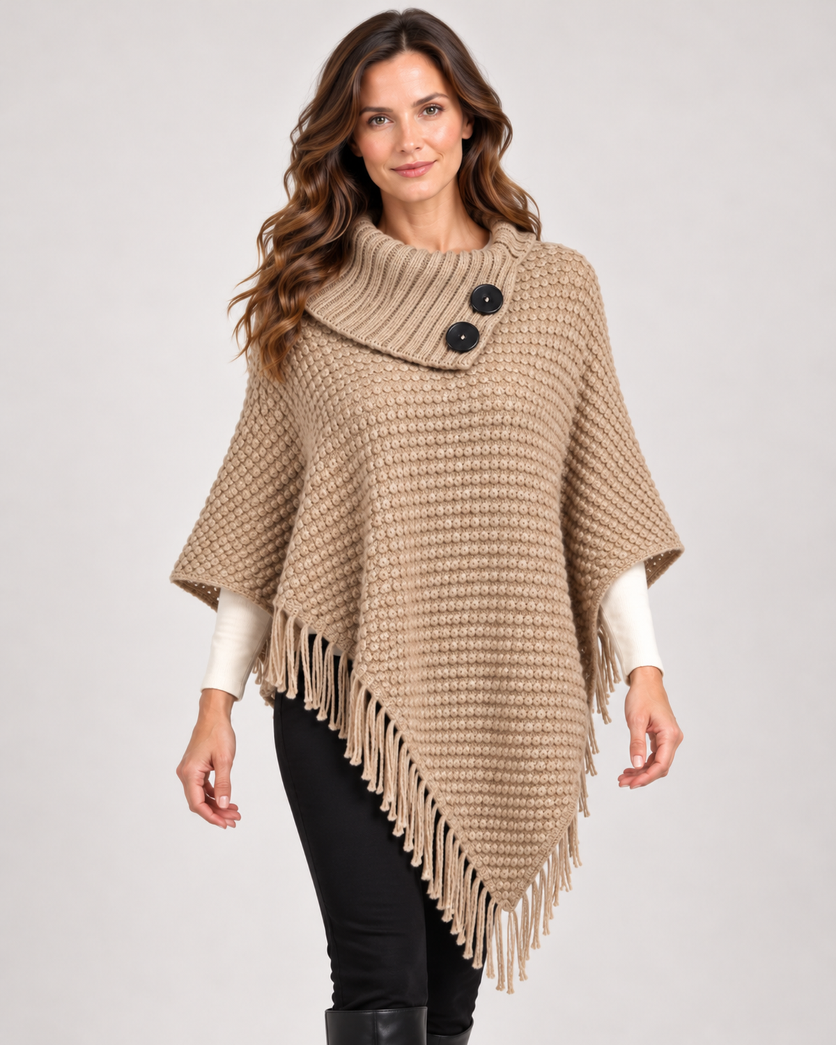 Women’s khaki poncho with high neck and button detail