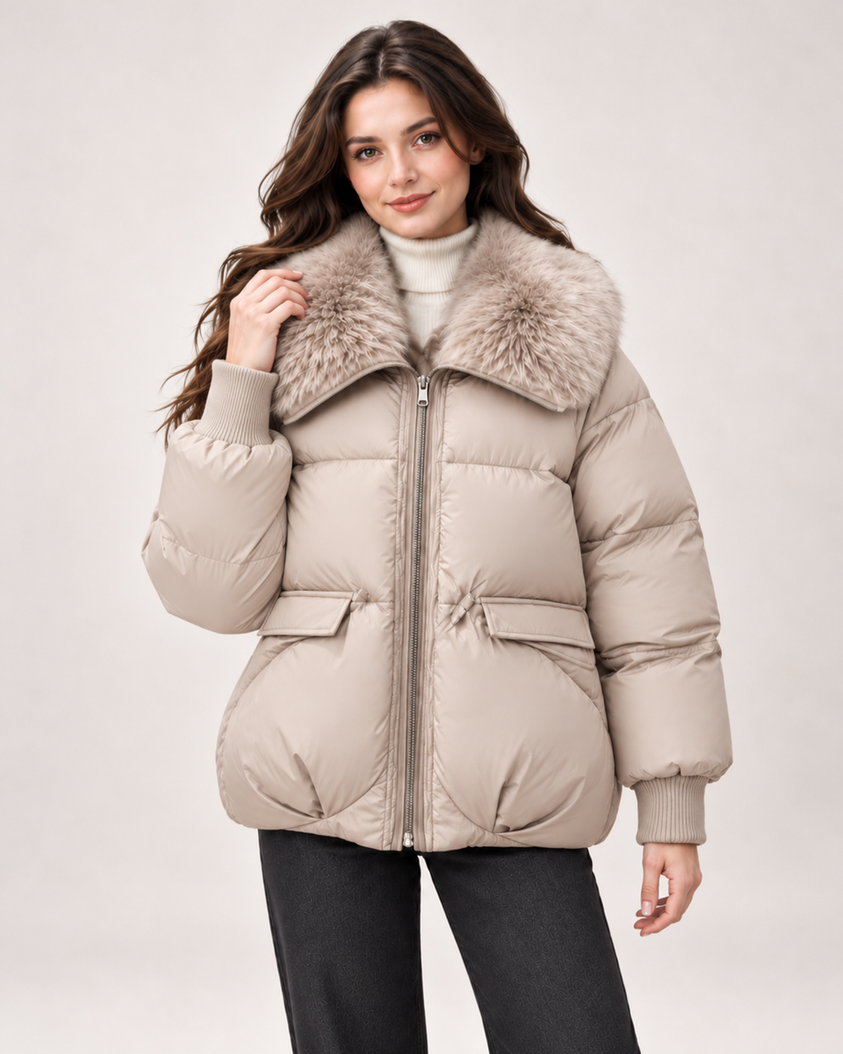 Women’s khaki puffer jacket with faux fur collar