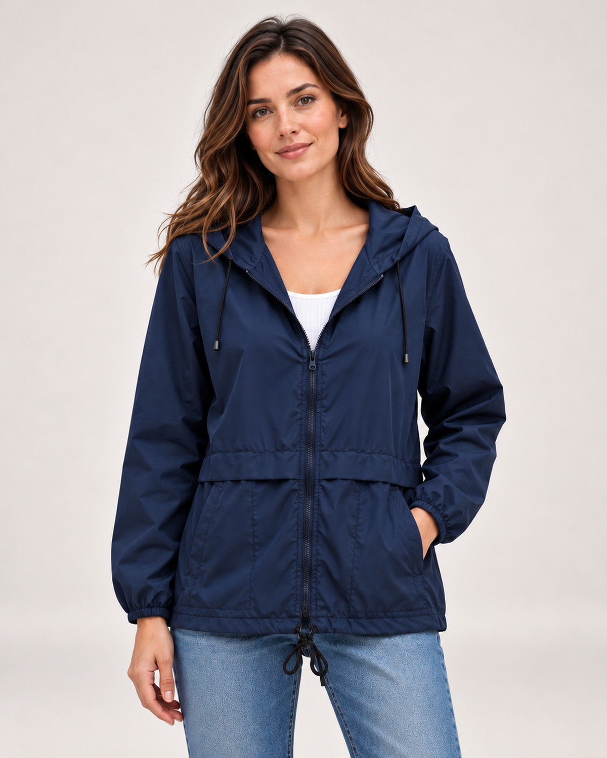 Women's navy blue lightweight hooded utility jacket