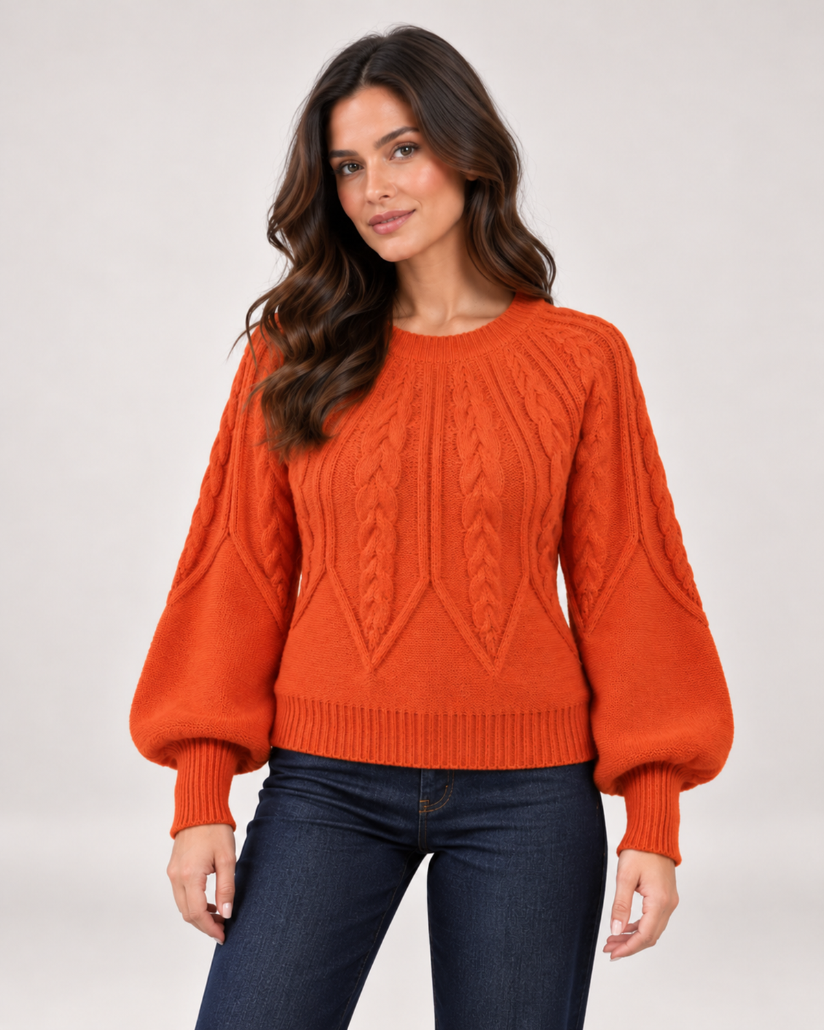 Women’s orange cable knit jumper with balloon sleeves