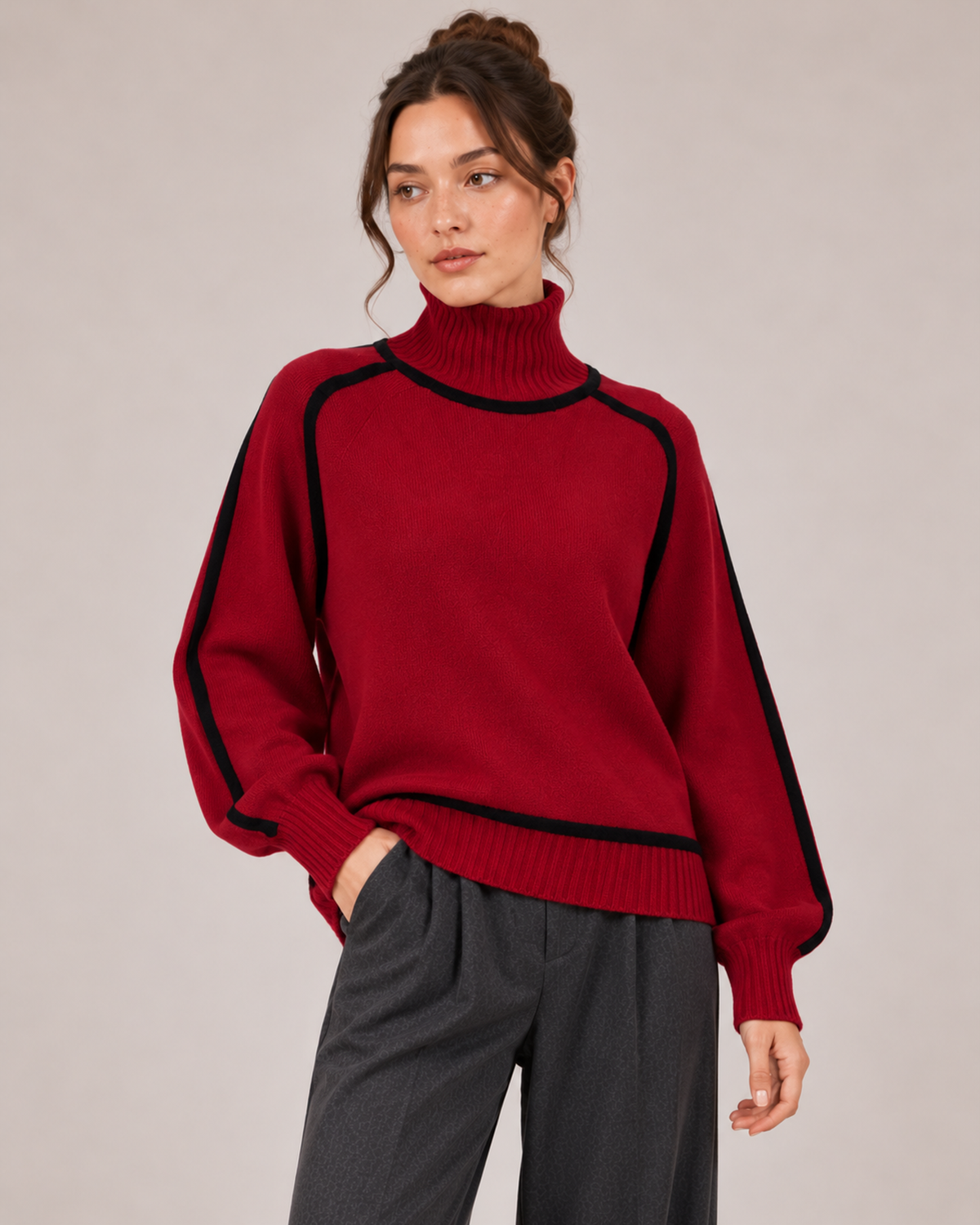Women's red oversized turtleneck jumper with contrast trim