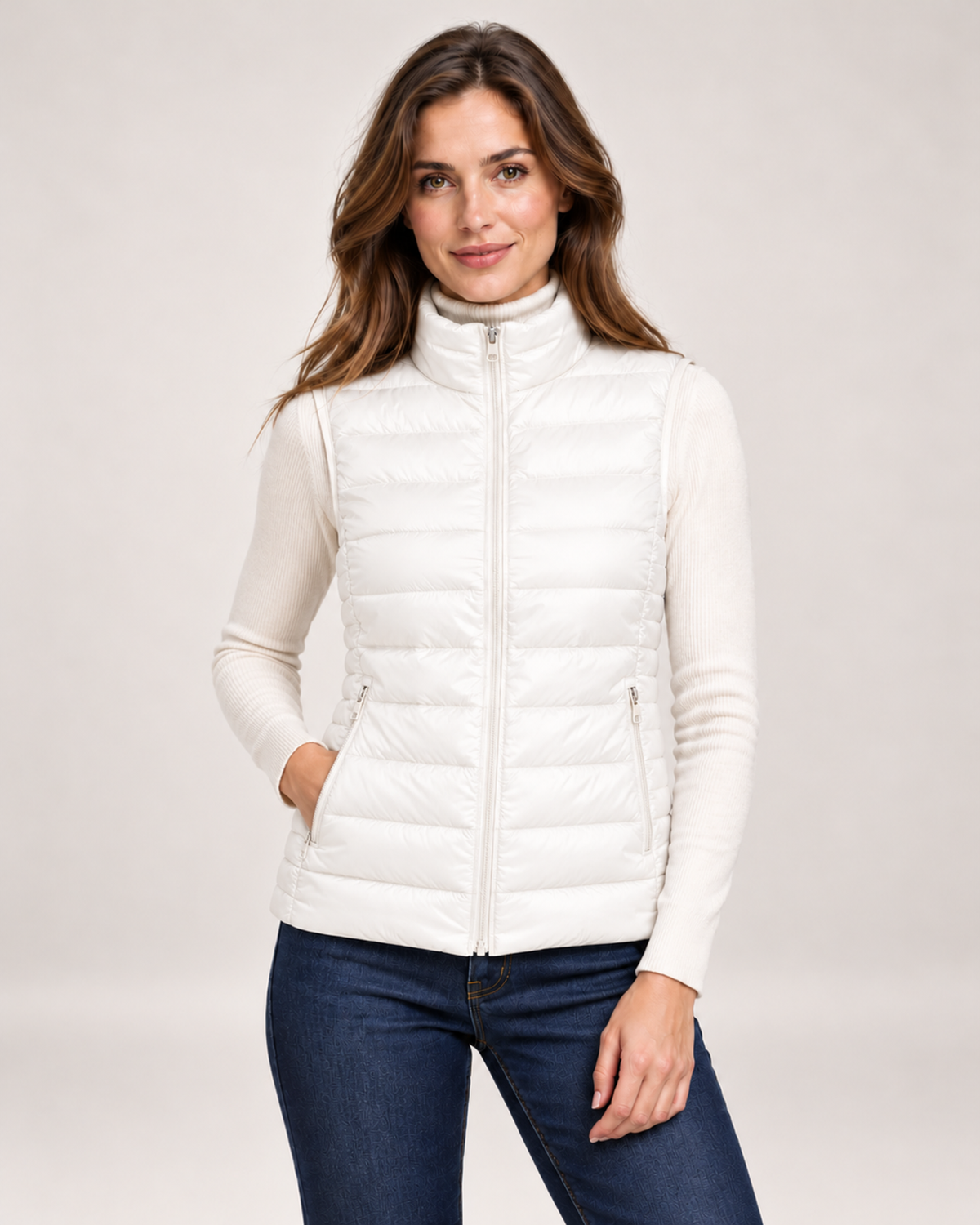 Women's white lightweight gilet with stand collar