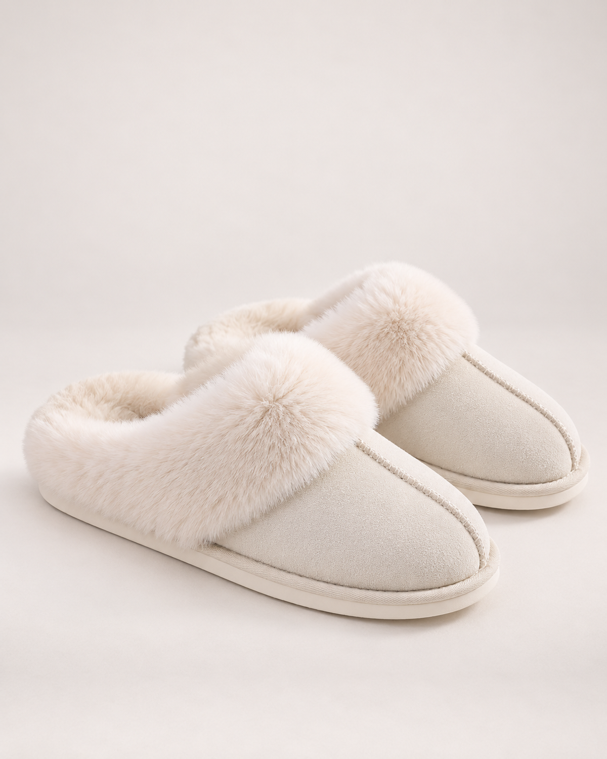 Women’s Mule Slippers with Plush Cuff and Closed Toe in White, product only view