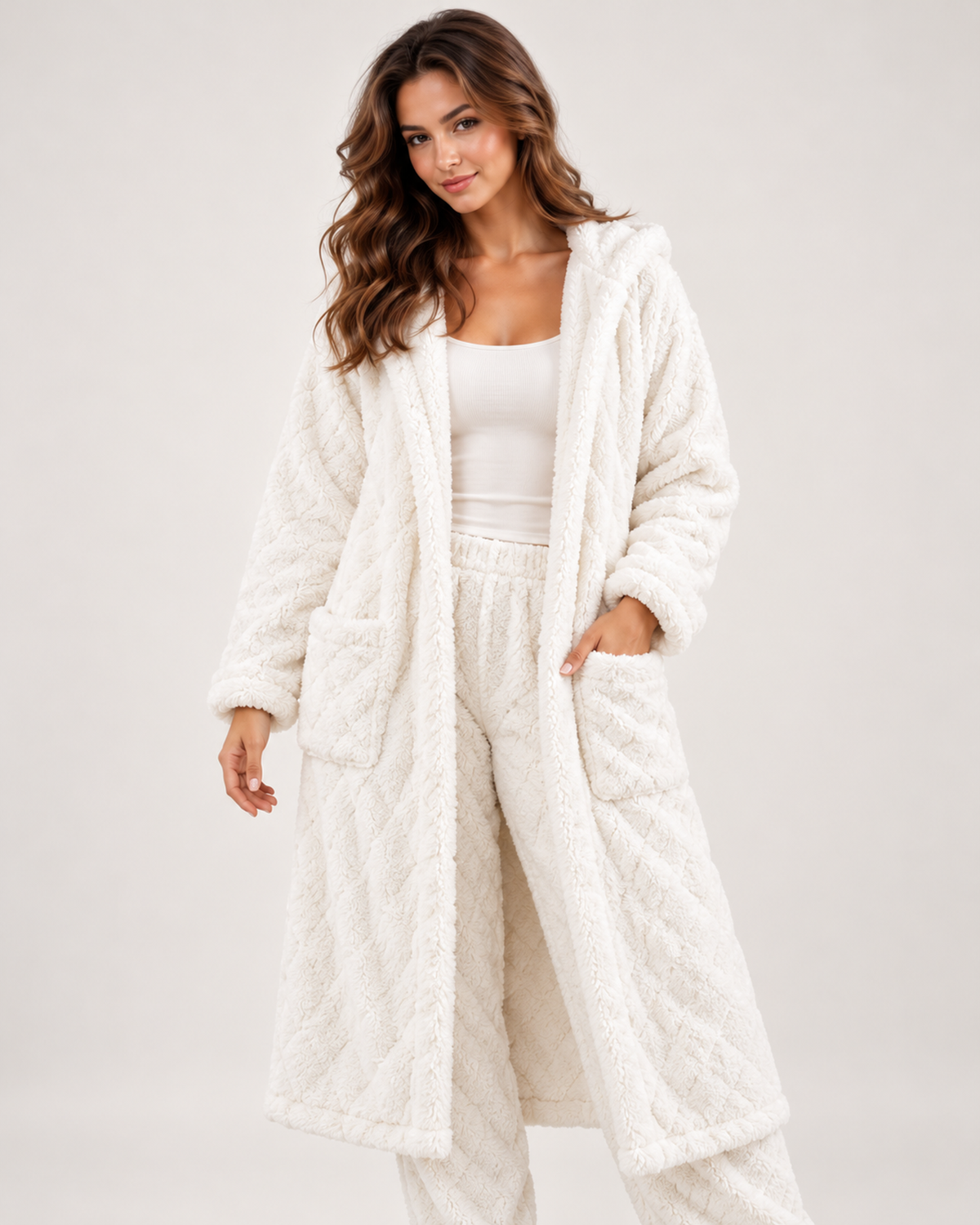 Women’s Pyjama Set with Long Hooded Robe and Trousers in White, full body view