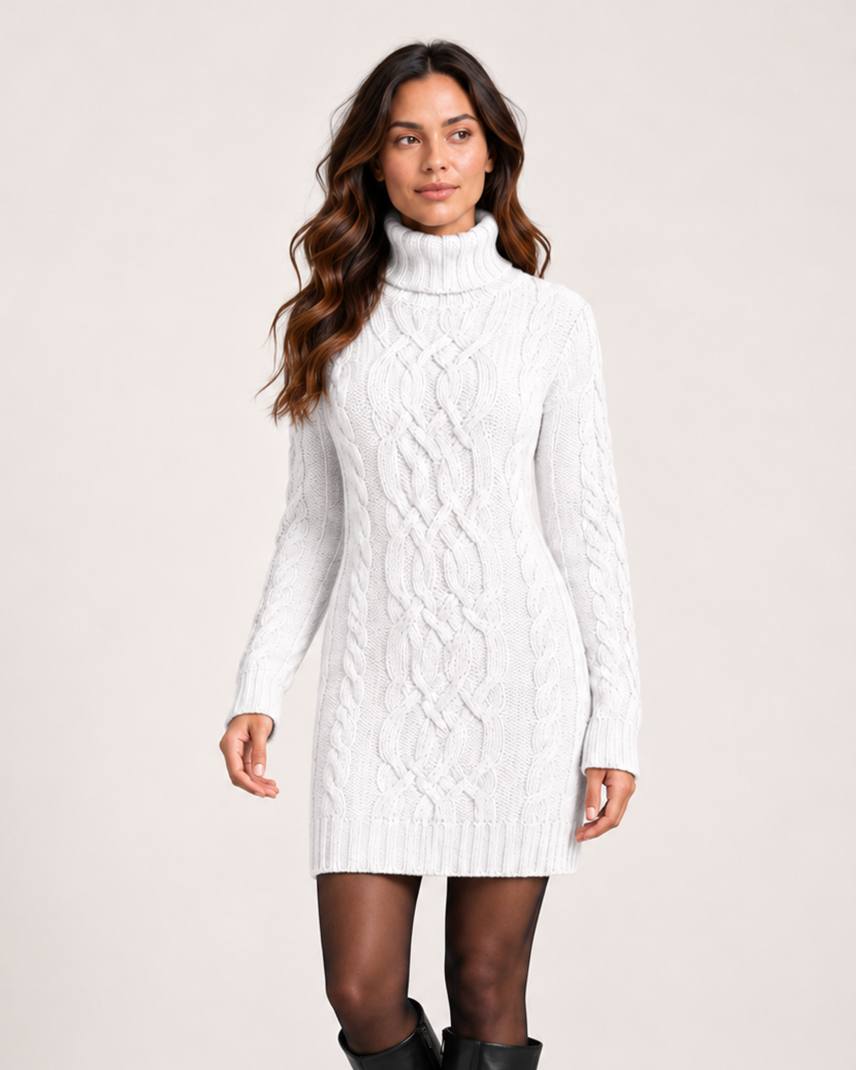 Women's white cable knit roll neck jumper dress