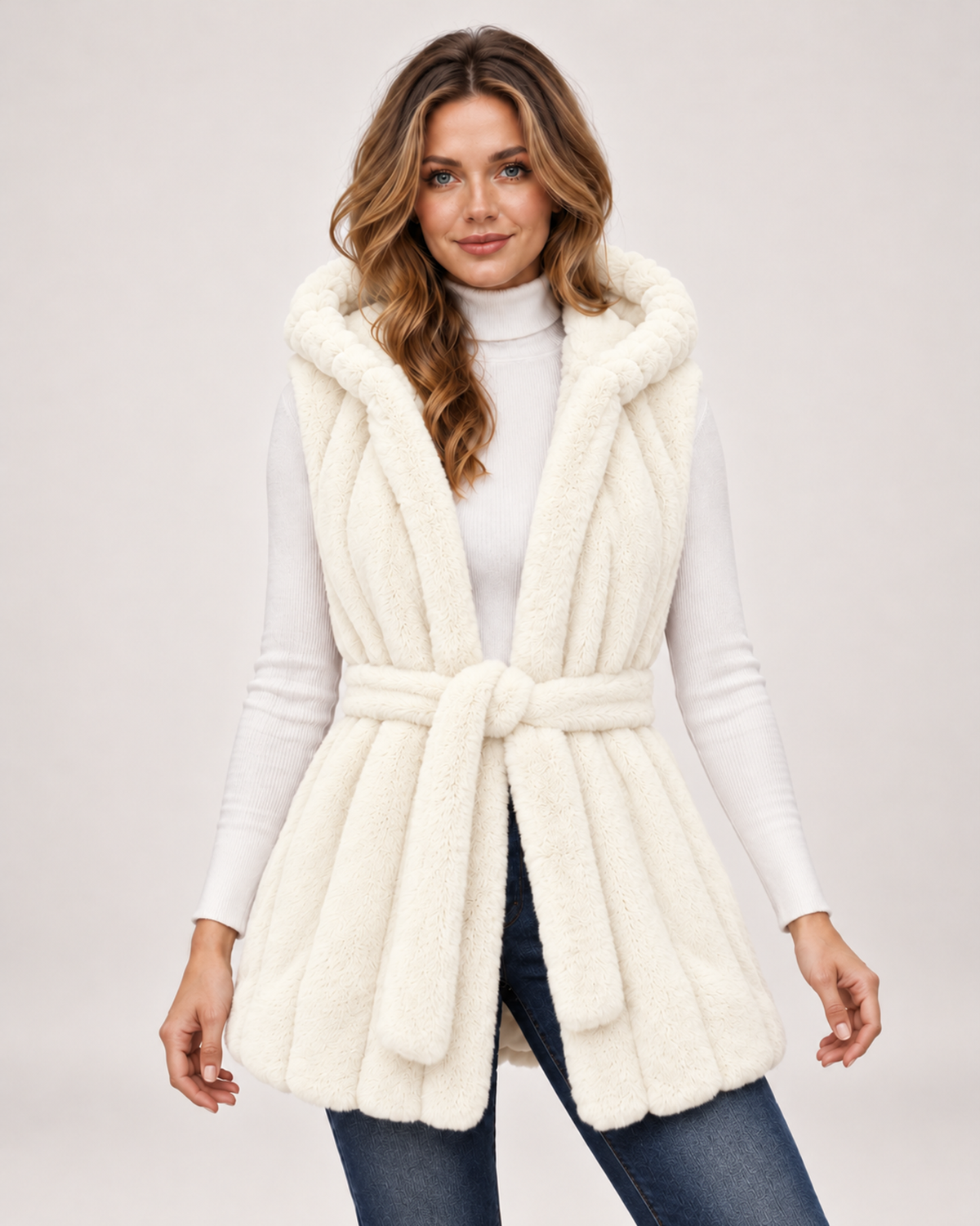 Women's Hooded Gilet with Faux Fur Finish and Belt white close variant view