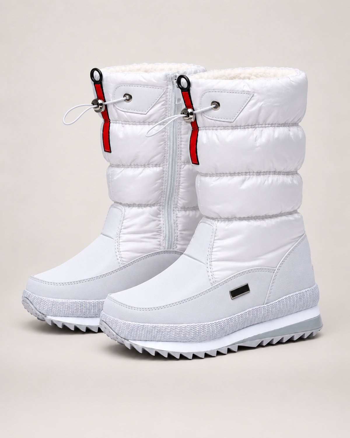 Women’s Snow Boots with Quilted Shaft and Treaded Sole in White, product only pair front three quarter view