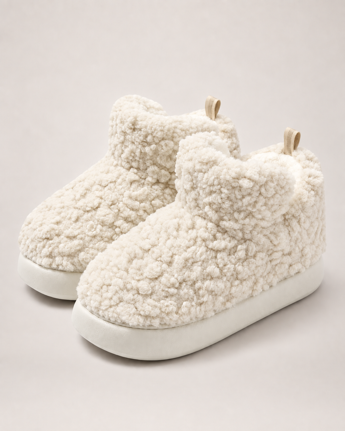Women’s Slipper Boots with Fluffy Finish and Thick Sole in White, product only pair front three quarter view