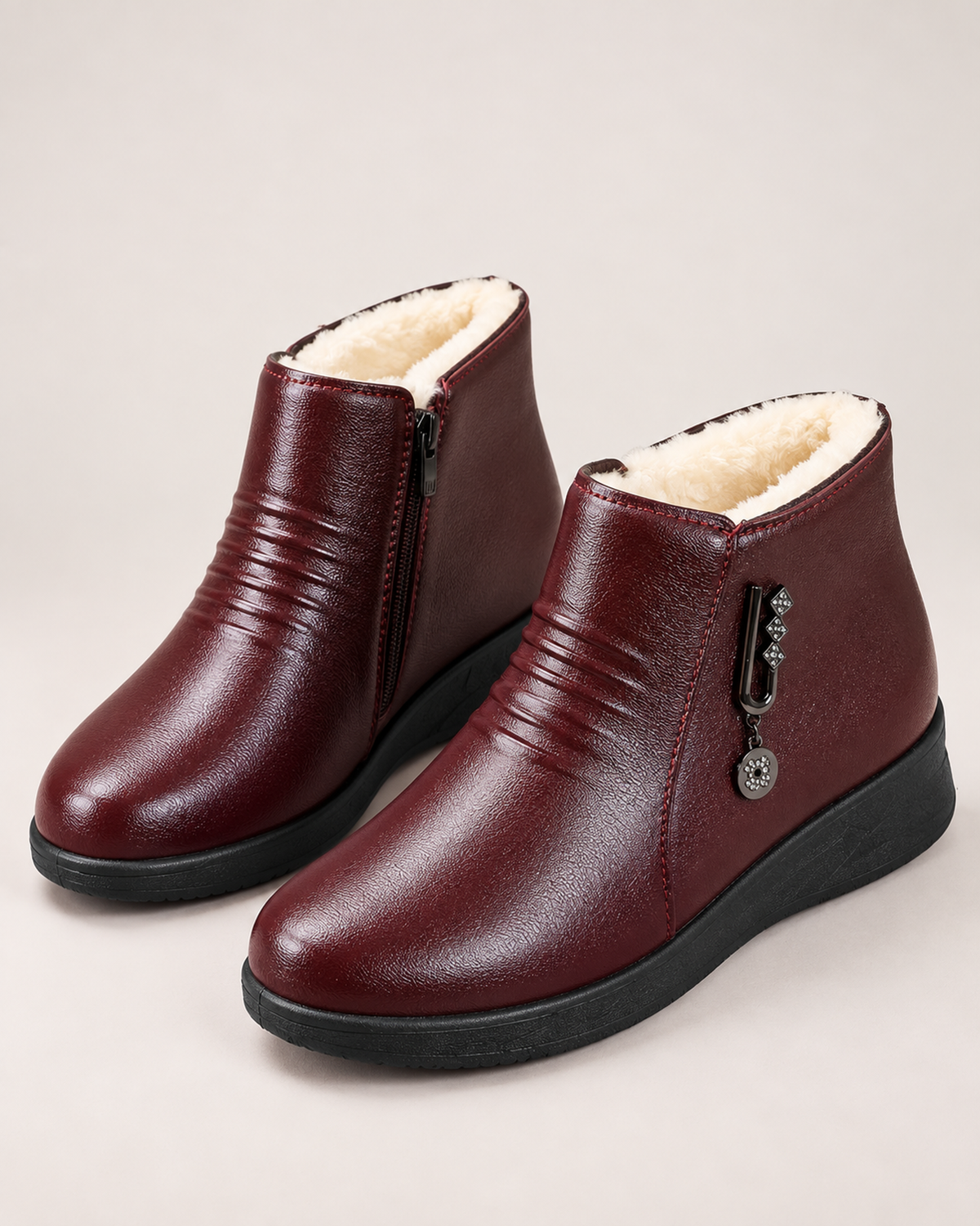 Women’s Ankle Boots with Fleece Lining and Side Zip in Wine Red, product only view