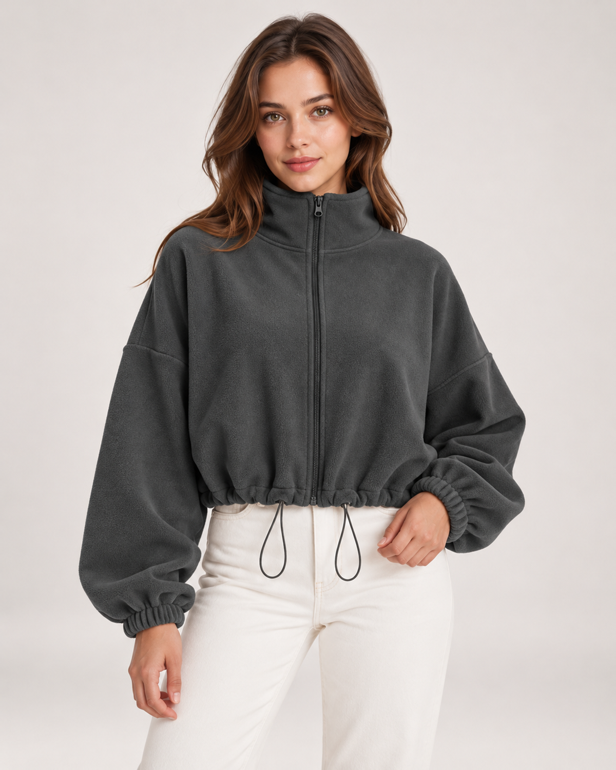 Women’s dark grey fleece jacket close front view