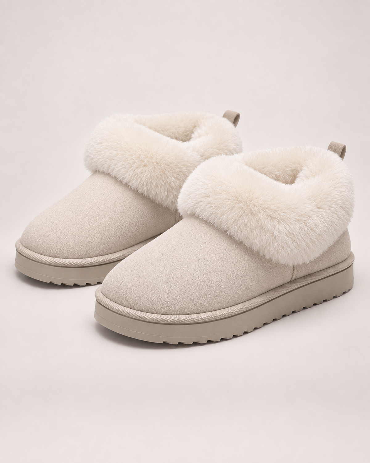 Women’s Slipper Boots with Fluffy Cuff and Platform Sole in Beige, product only pair front three quarter view