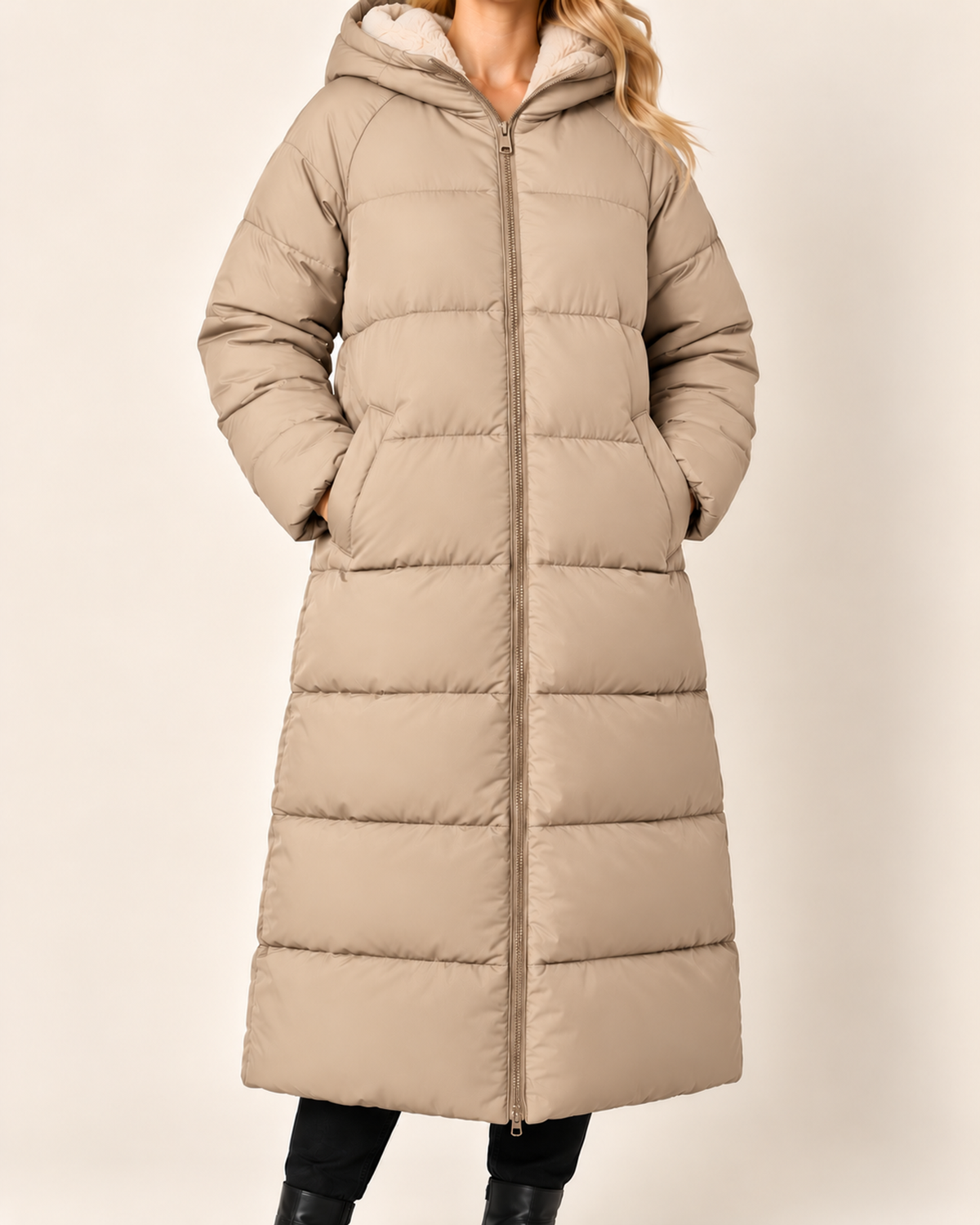Women's beige long puffer coat with hood close variant view