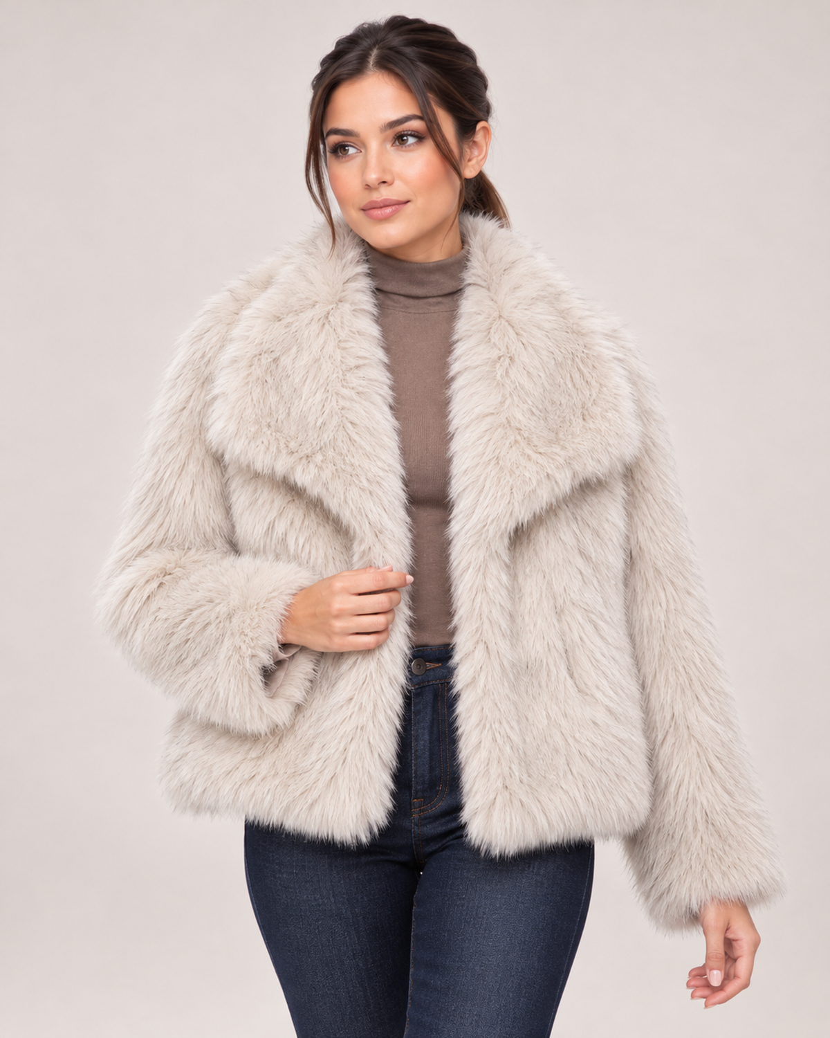 Women's Faux Fur Jacket with Wide Lapel Collar beige close variant view