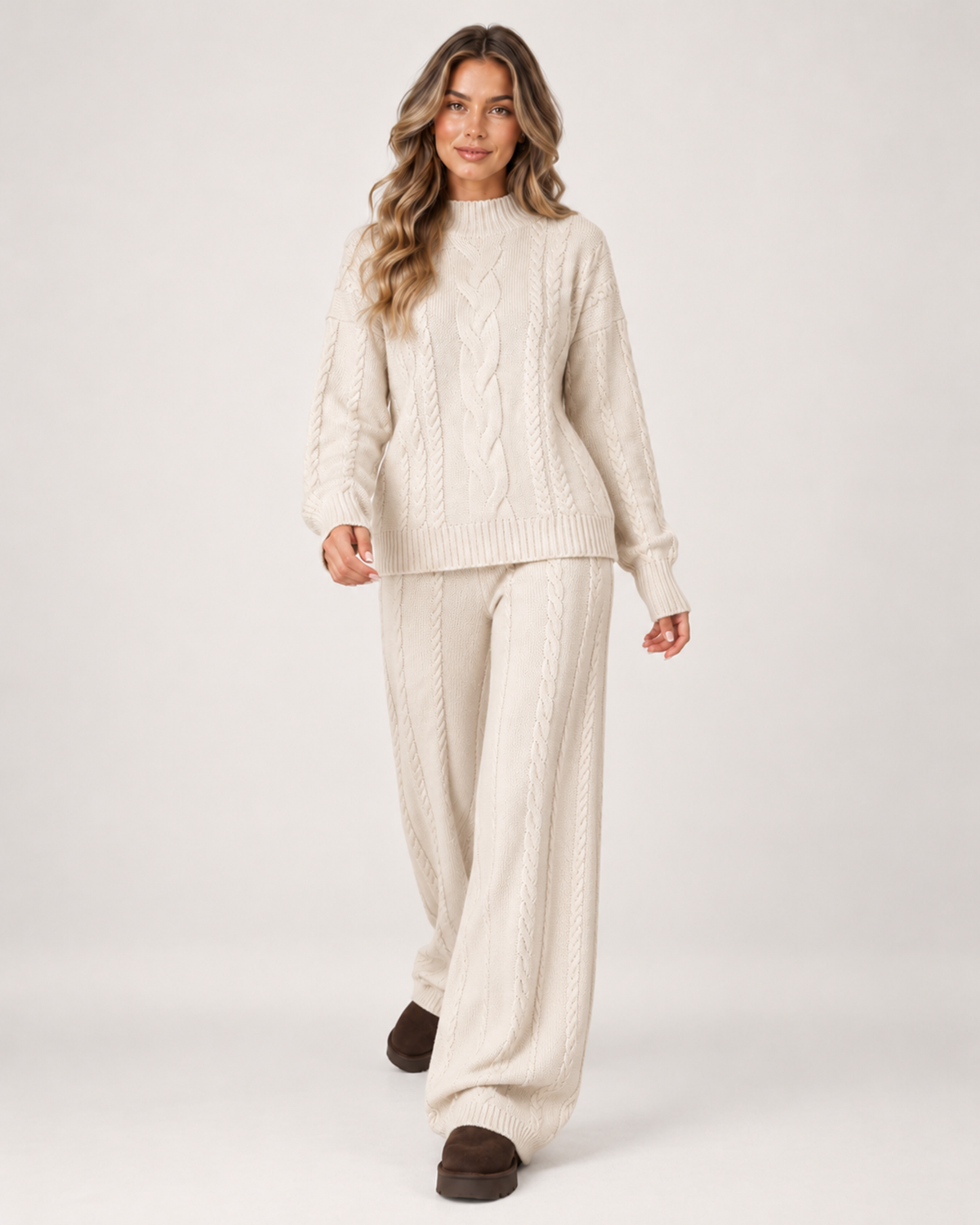 Women's Knitted Co-Ord Set with Cable Knit Jumper and Wide Leg Trousers beige close variant view