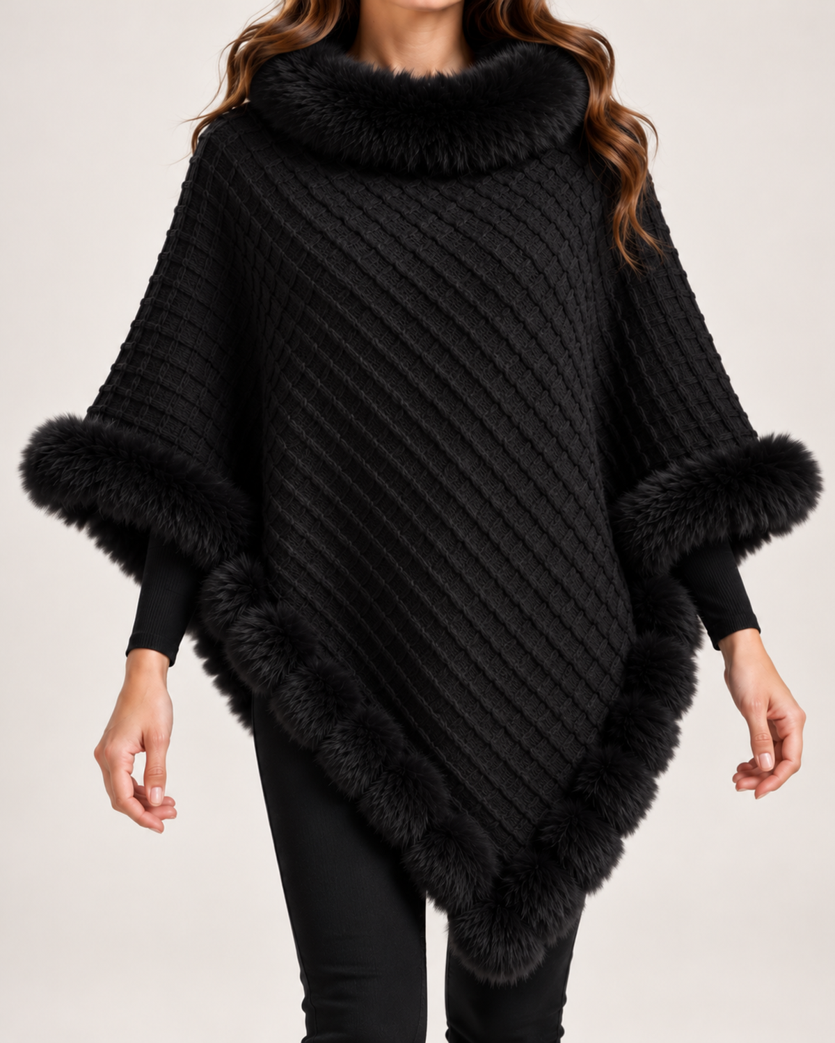 Women's black cape coat with faux fur trim close variant view