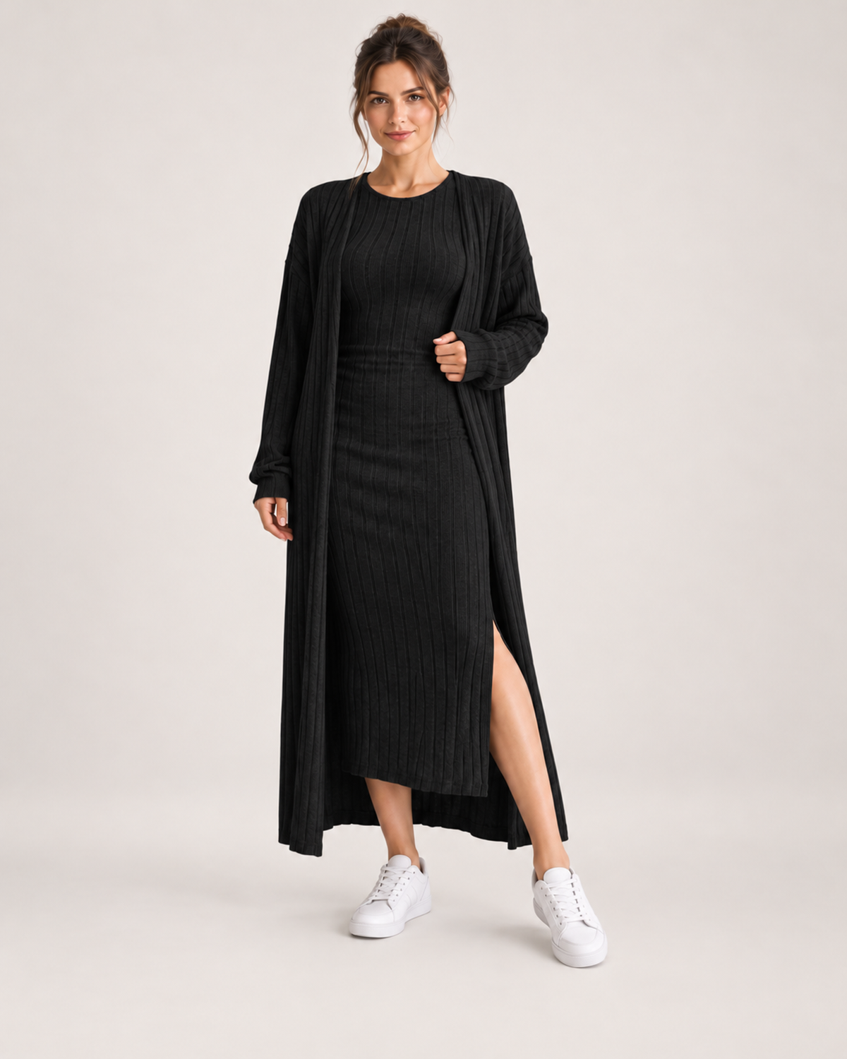Women’s Knitted Dress Set with Long Cardigan in Black, full body view