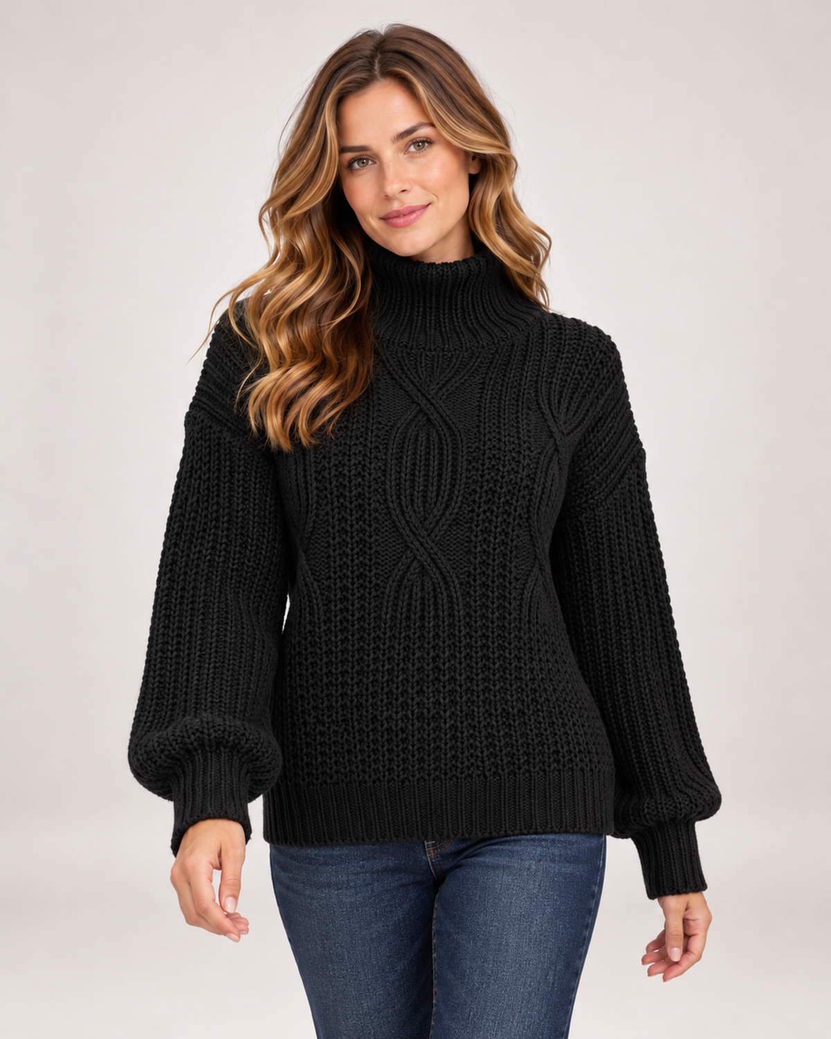 Women's Cable Knit Jumper with Roll Neck and Balloon Sleeves black close variant view