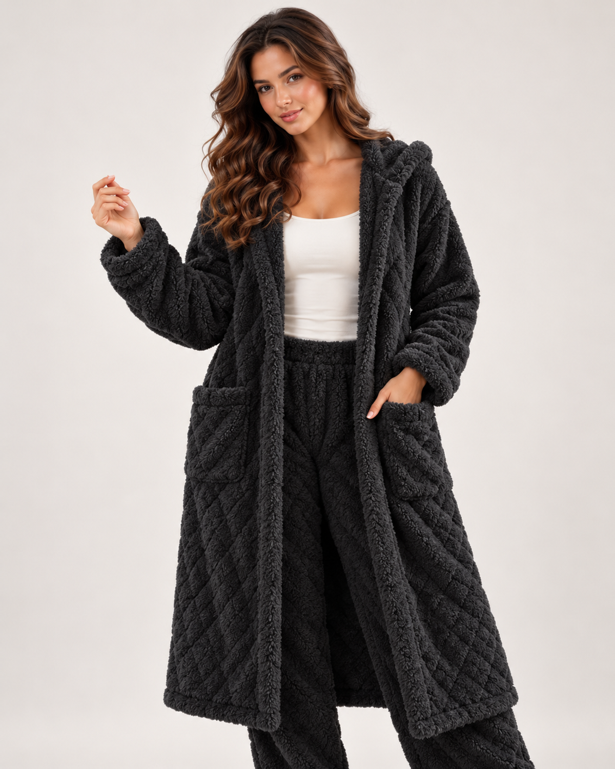Women’s Pyjama Set with Long Hooded Robe and Trousers in Black, full body view