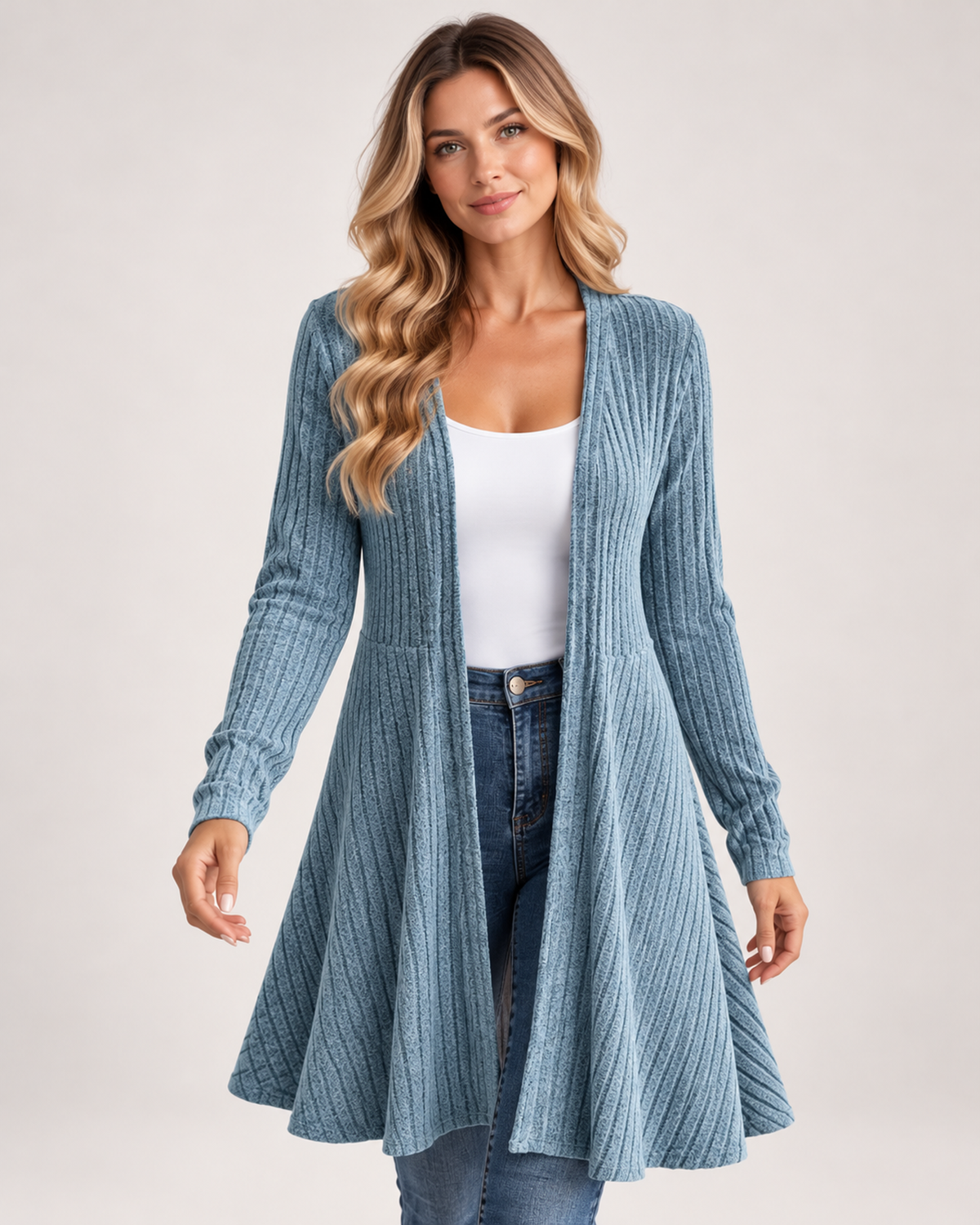 Women's Longline Cardigan with Open Front blue close variant view