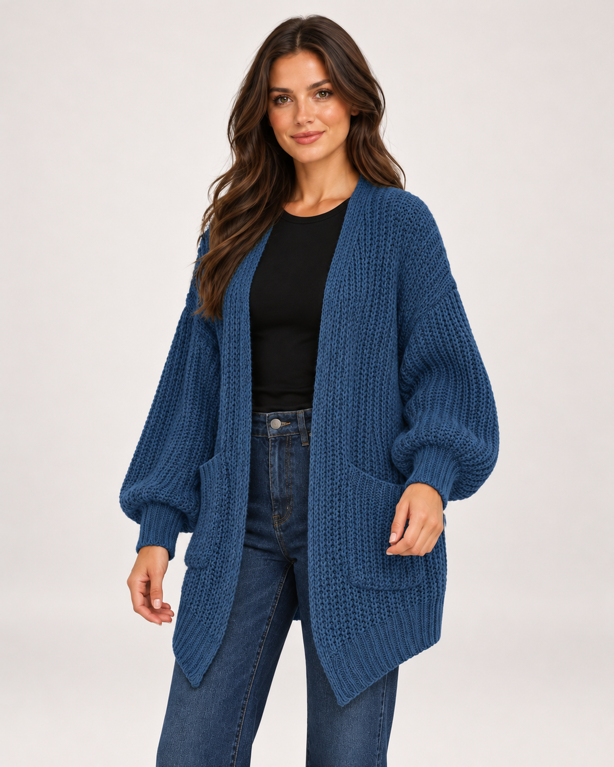 Women's Balloon Sleeve Cardigan with Chunky Knit blue close variant view