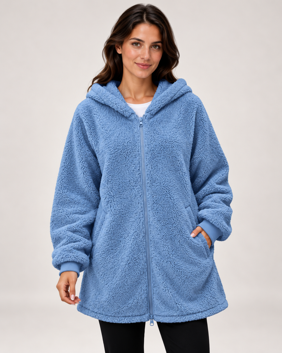 Women's blue fleece hooded jacket close variant view