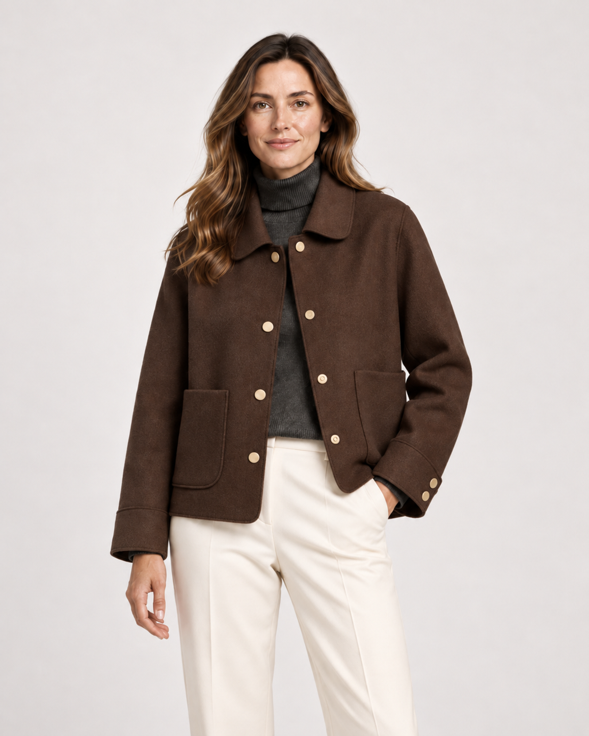Women’s Short Jacket with Button Front and Patch Pockets in Brown, lower body product focus view