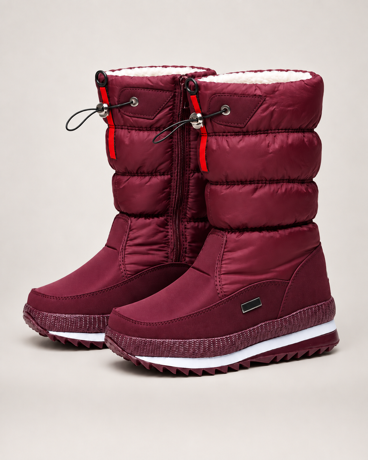 Women’s Snow Boots with Quilted Shaft and Treaded Sole in Burgundy, product only pair front three quarter view
