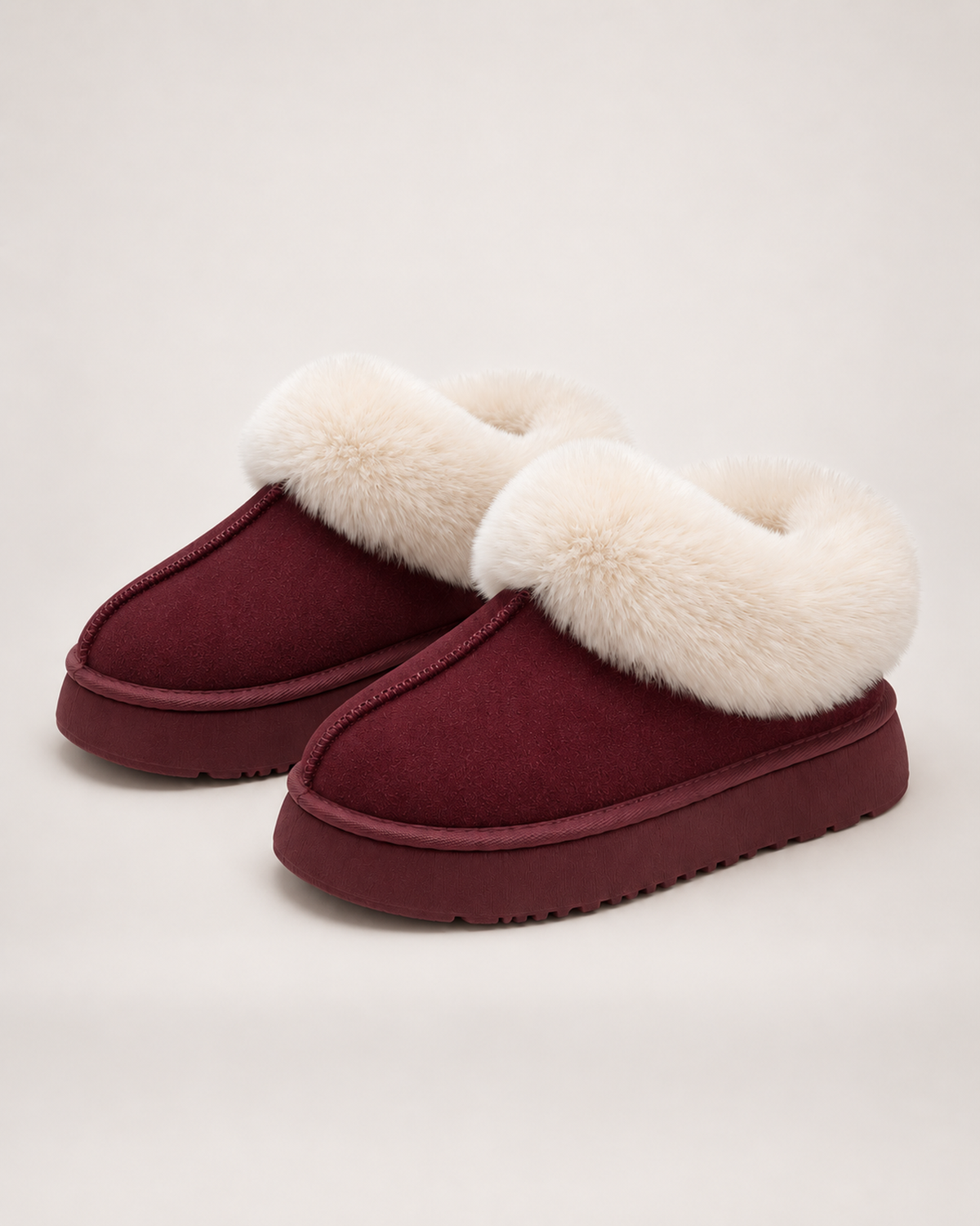 Women’s Platform Slippers with Fluffy Collar in Burgundy, product only pair front three quarter view