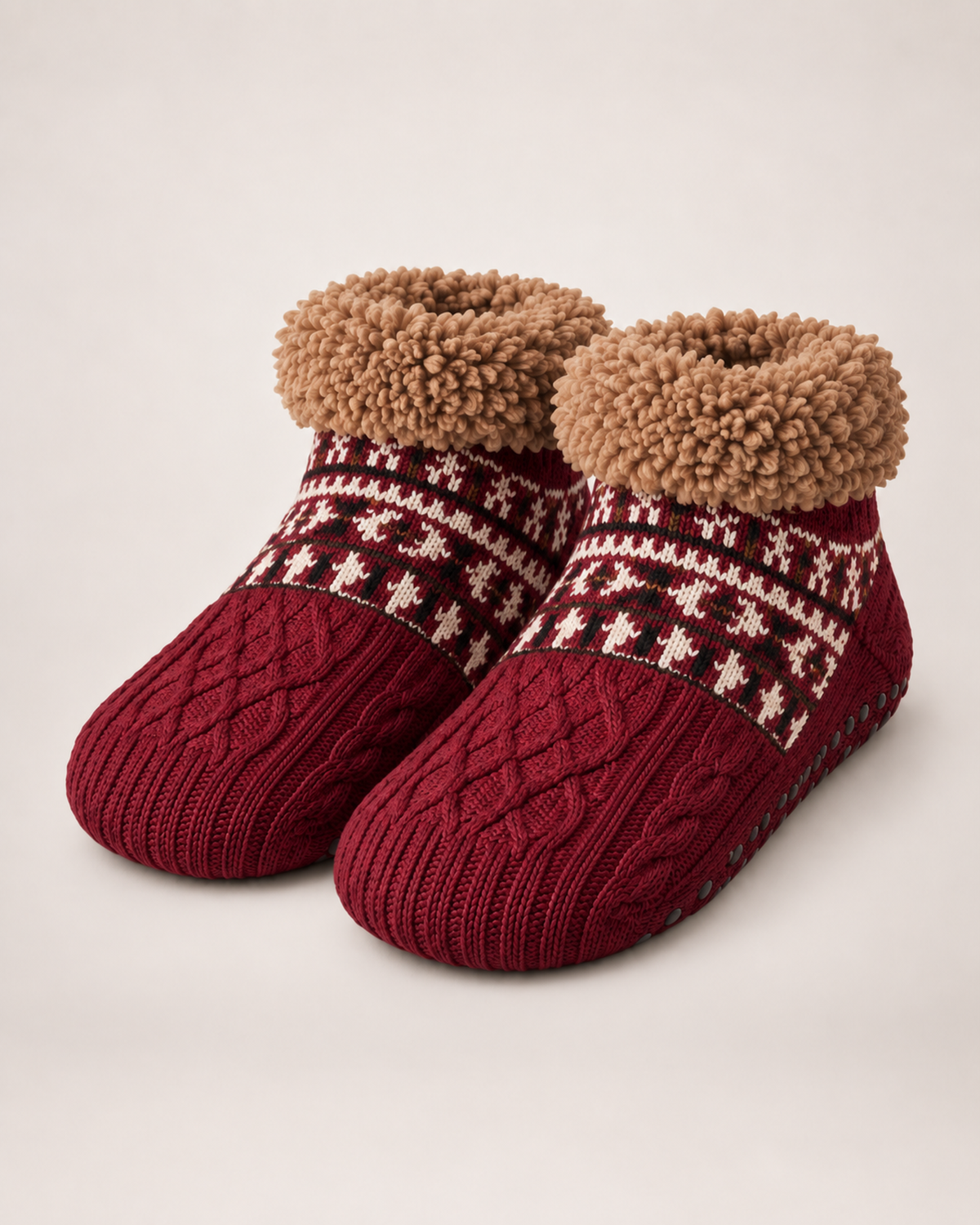 Women’s Slipper Socks with Fair Isle Pattern in Burgundy, product only pair front three quarter view