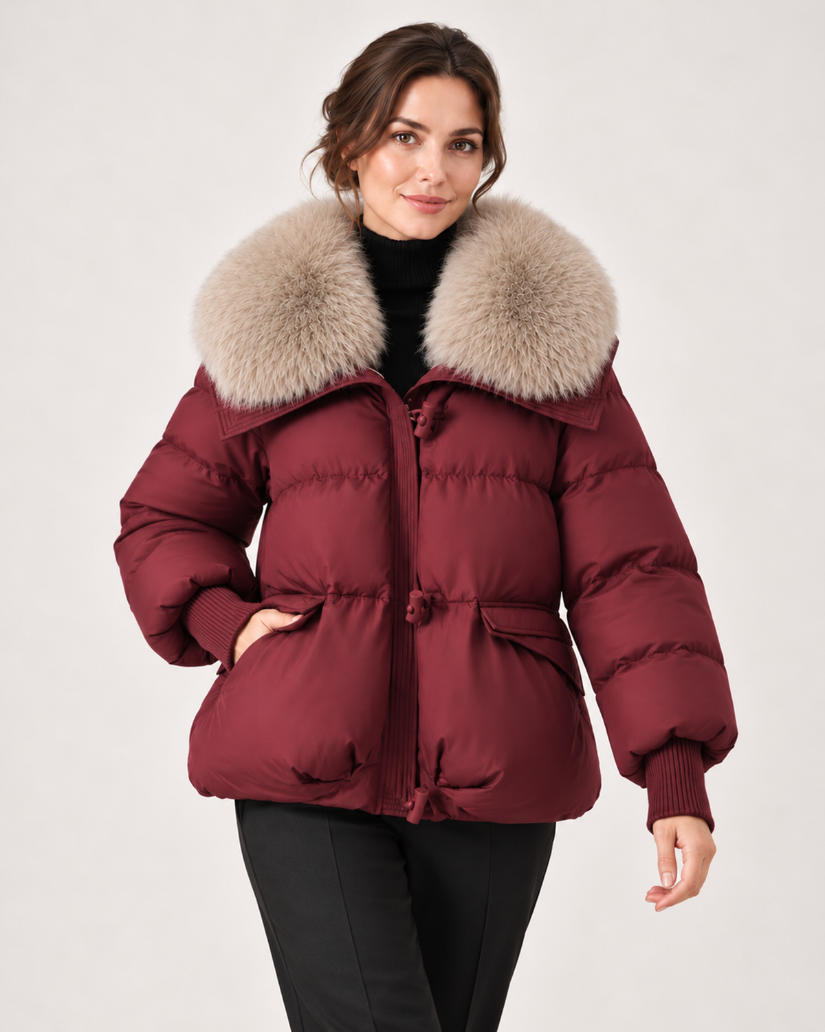 Women's Puffer Jacket with Faux Fur Collar and Drawstring Waist burgundy close variant view