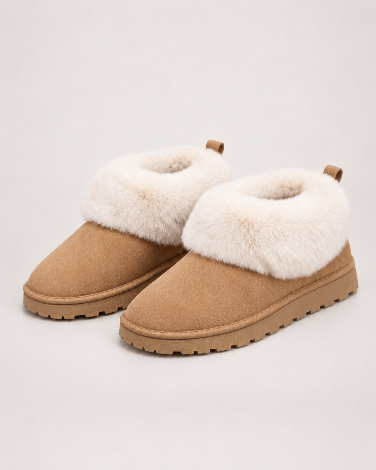 Women’s Slipper Boots with Fold-Down Fluffy Cuff in Camel, product only pair front three quarter view