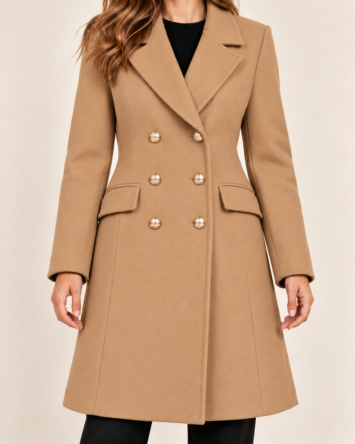 Women's camel double breasted lapel coat close variant view