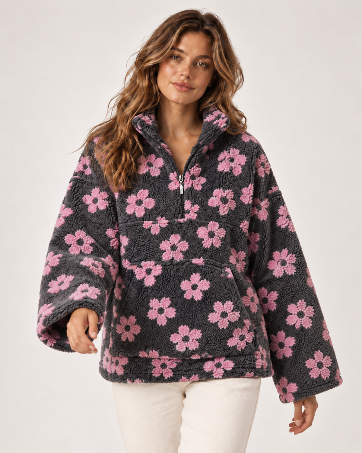 Women's Borg Jacket with Floral Pattern and Half Zip charcoal pink floral close variant view