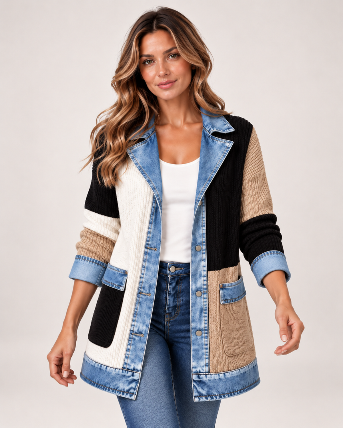 Women's Coatigan with Denim Collar and Button Front colour block close variant view