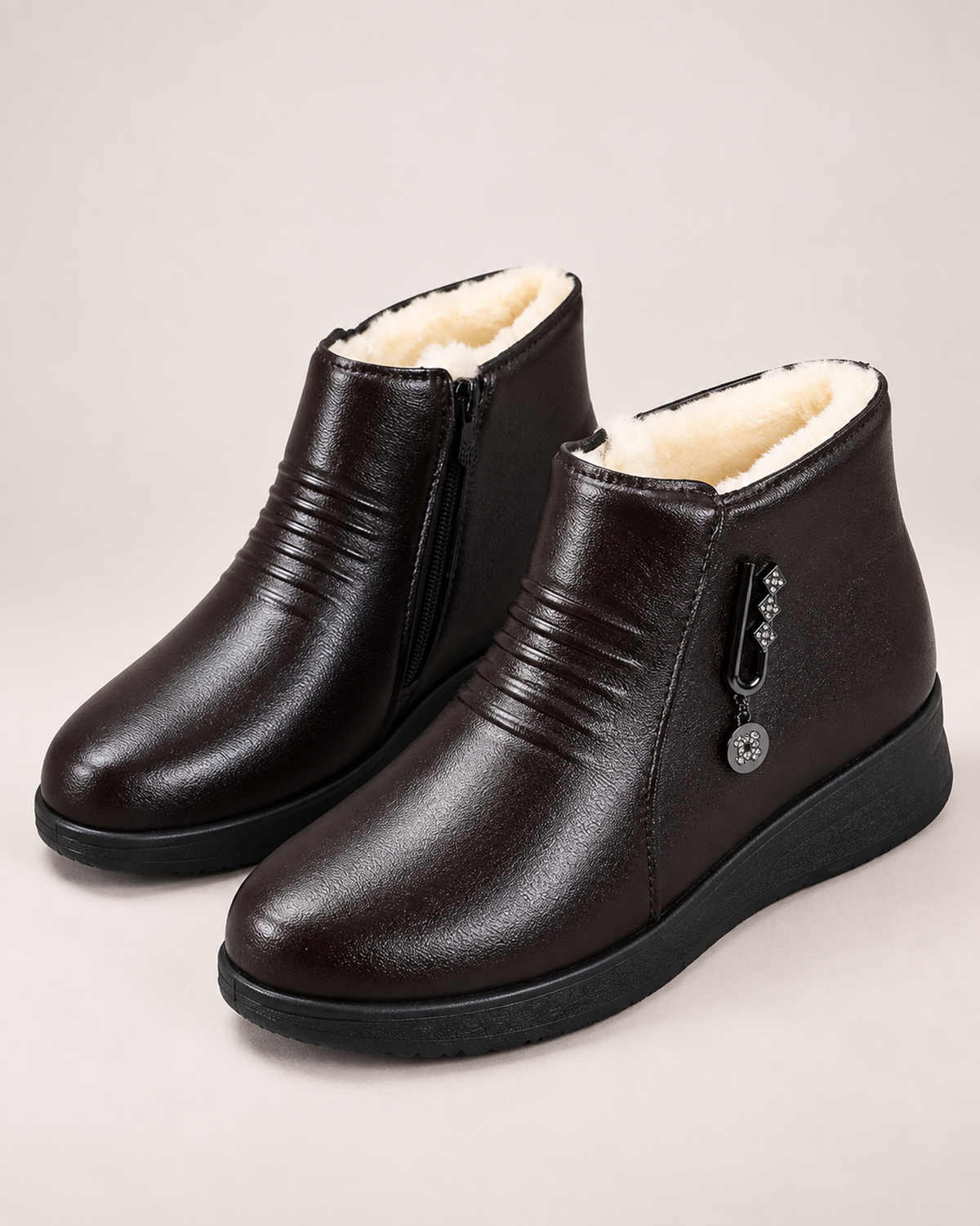 Women’s Ankle Boots with Fleece Lining and Side Zip in Dark Brown, product only view
